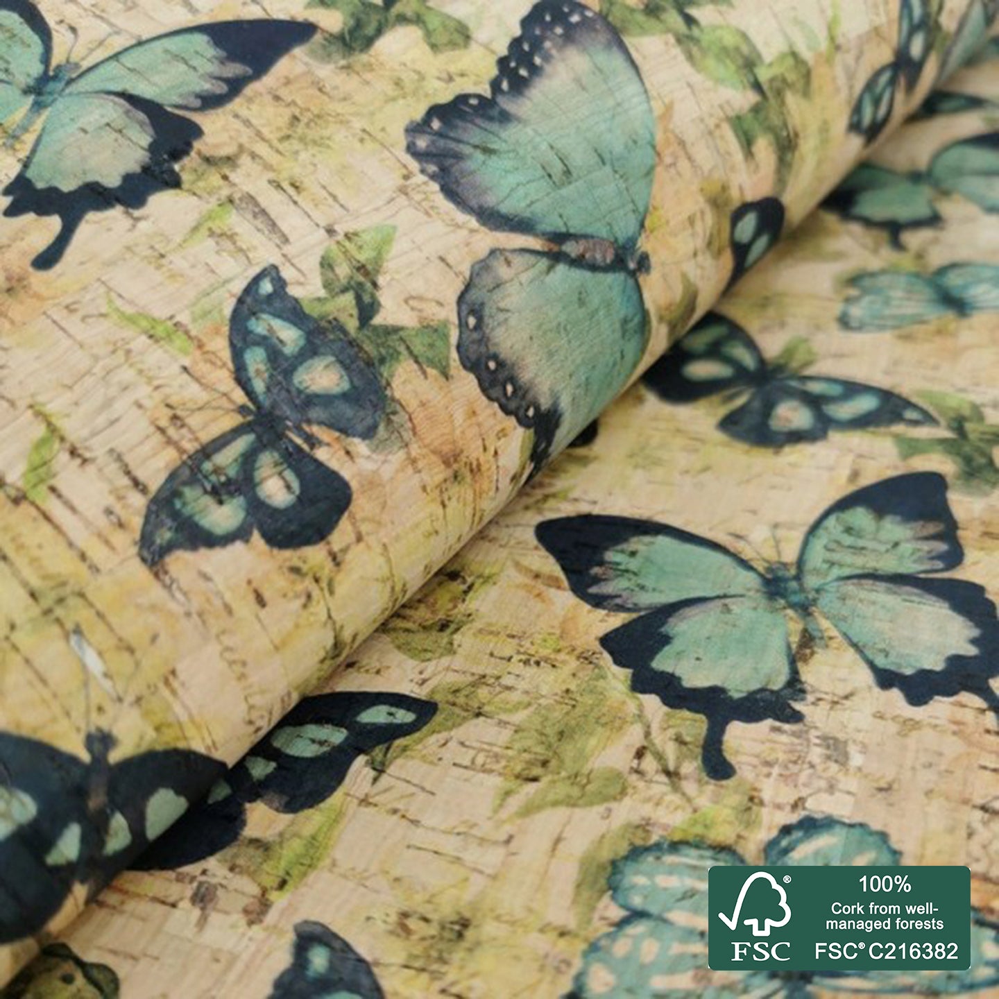 Butterflies printed pattern on natural cork fabric (42)