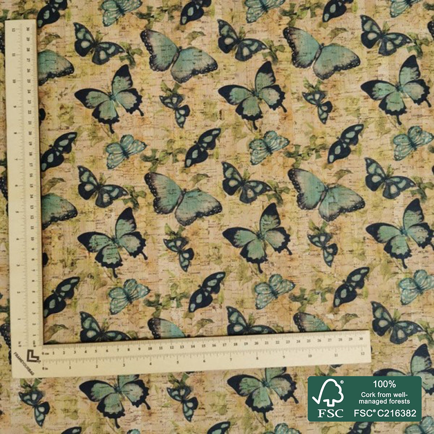 Butterflies printed pattern on natural cork fabric (42)