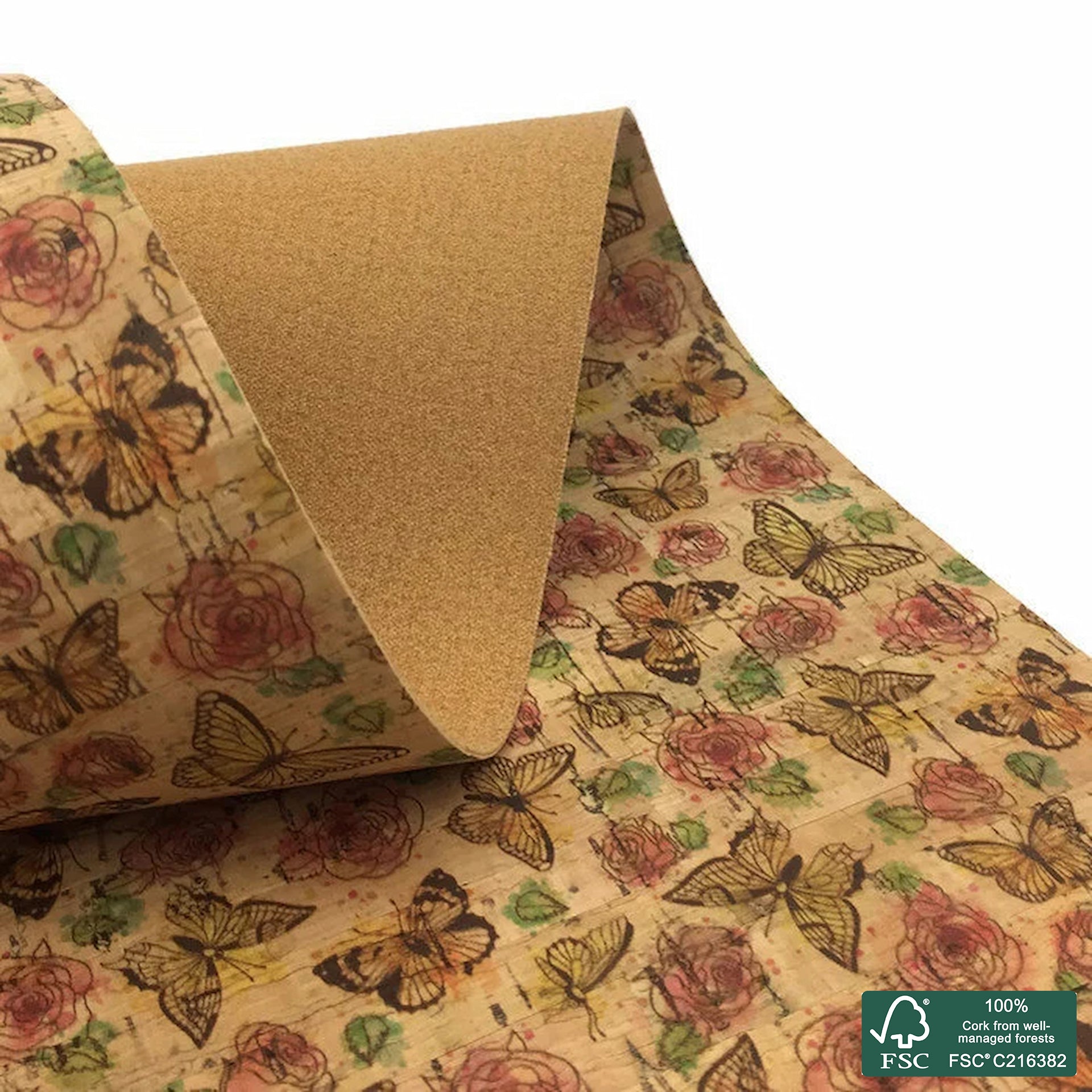 Butterflies printed pattern on natural cork fabric (43)