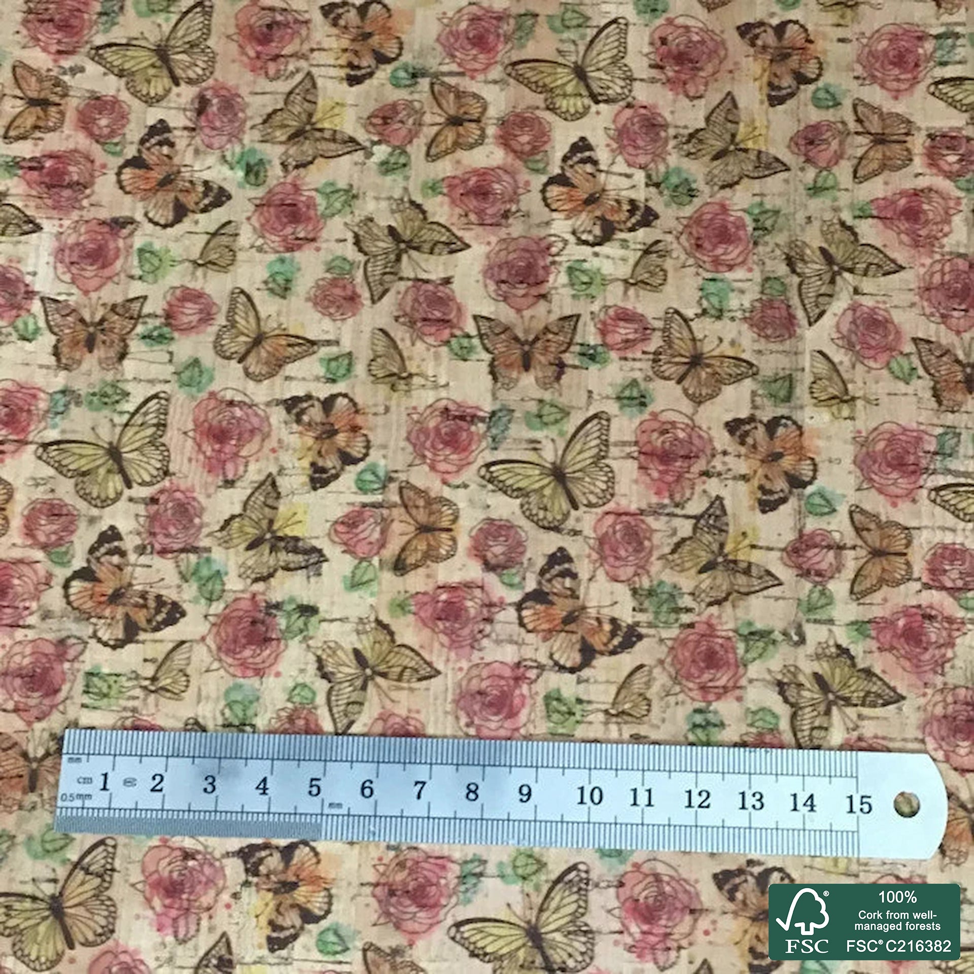 Butterflies printed pattern on natural cork fabric (43)