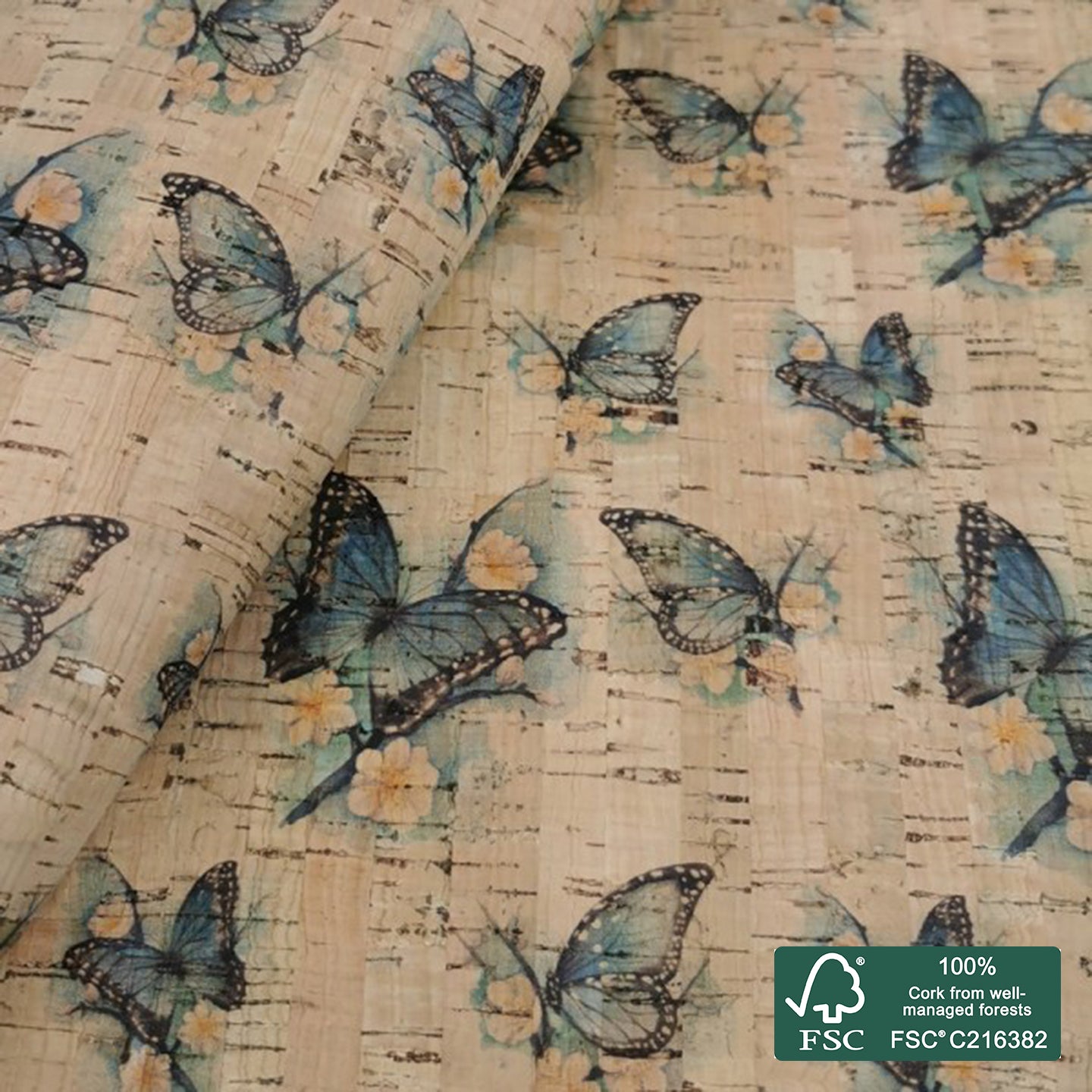 Butterflies printed pattern on natural cork fabric (44)