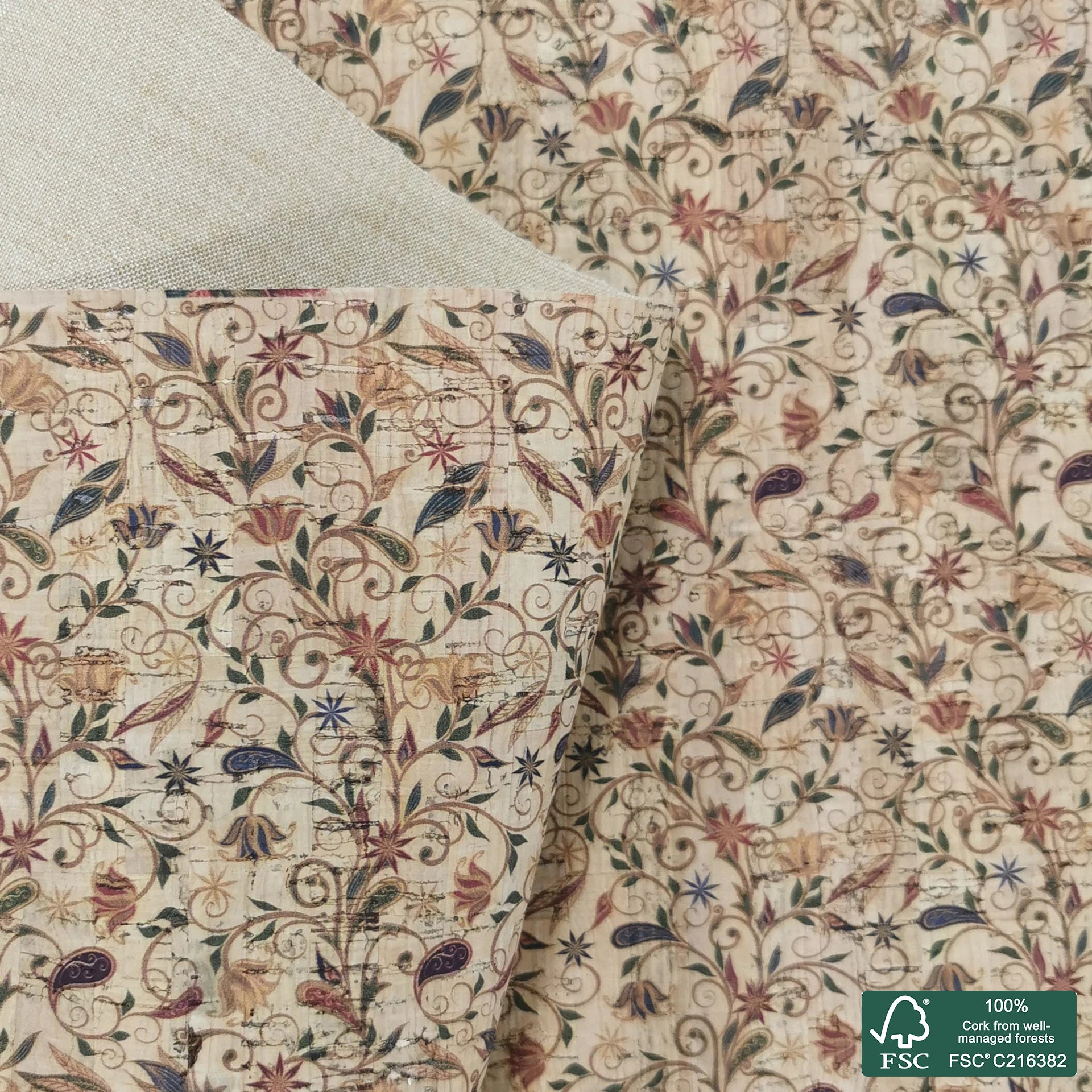 Flowers printed pattern on natural cork fabric (46)