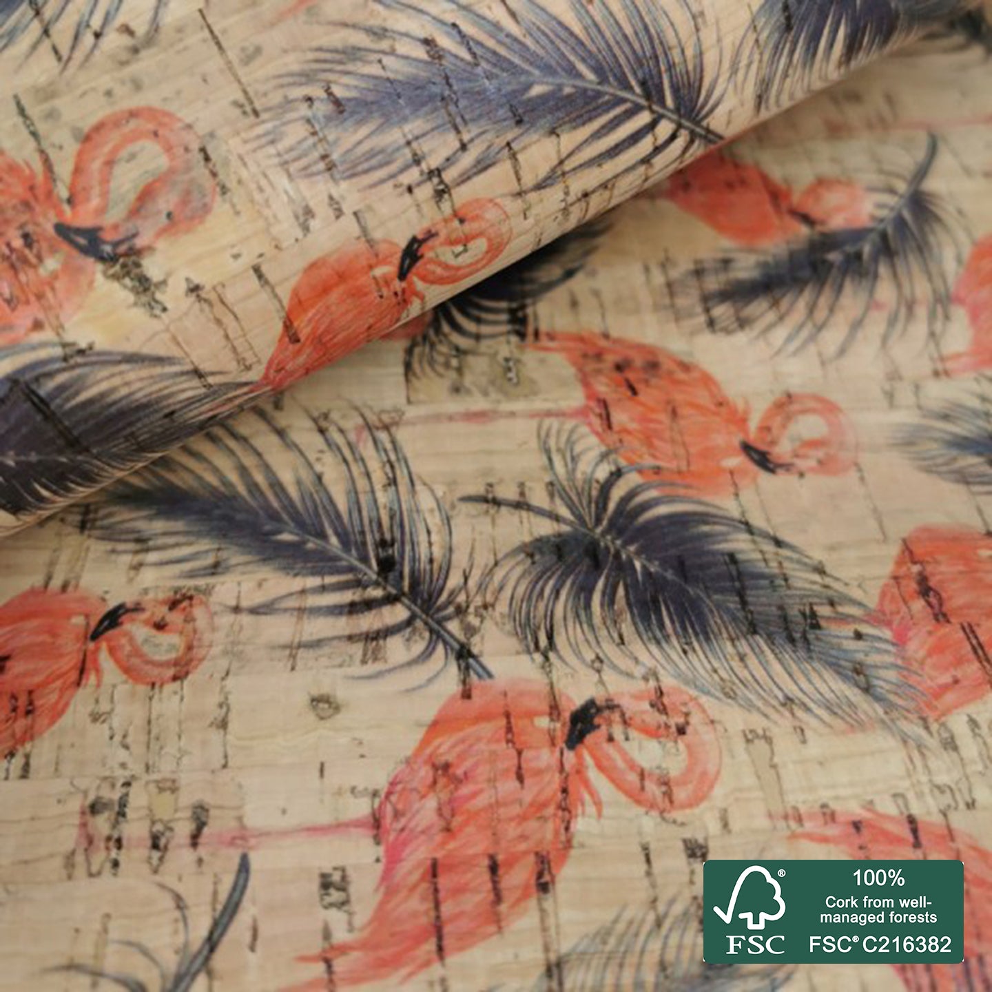 Flamingo printed pattern on natural cork fabric (49)
