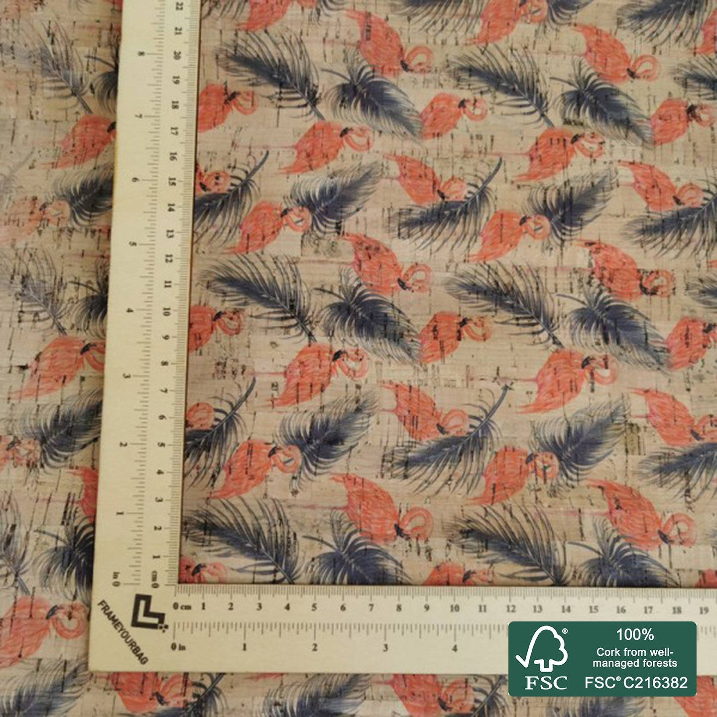 Flamingo printed pattern on natural cork fabric (49)