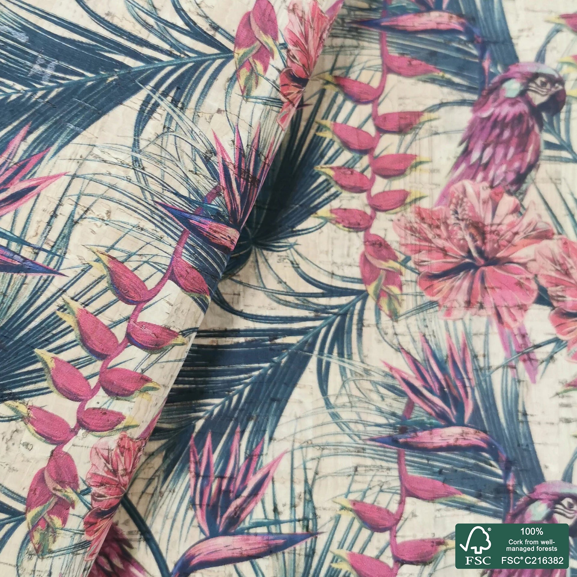 Parrot printed pattern on natural cork fabric (52)