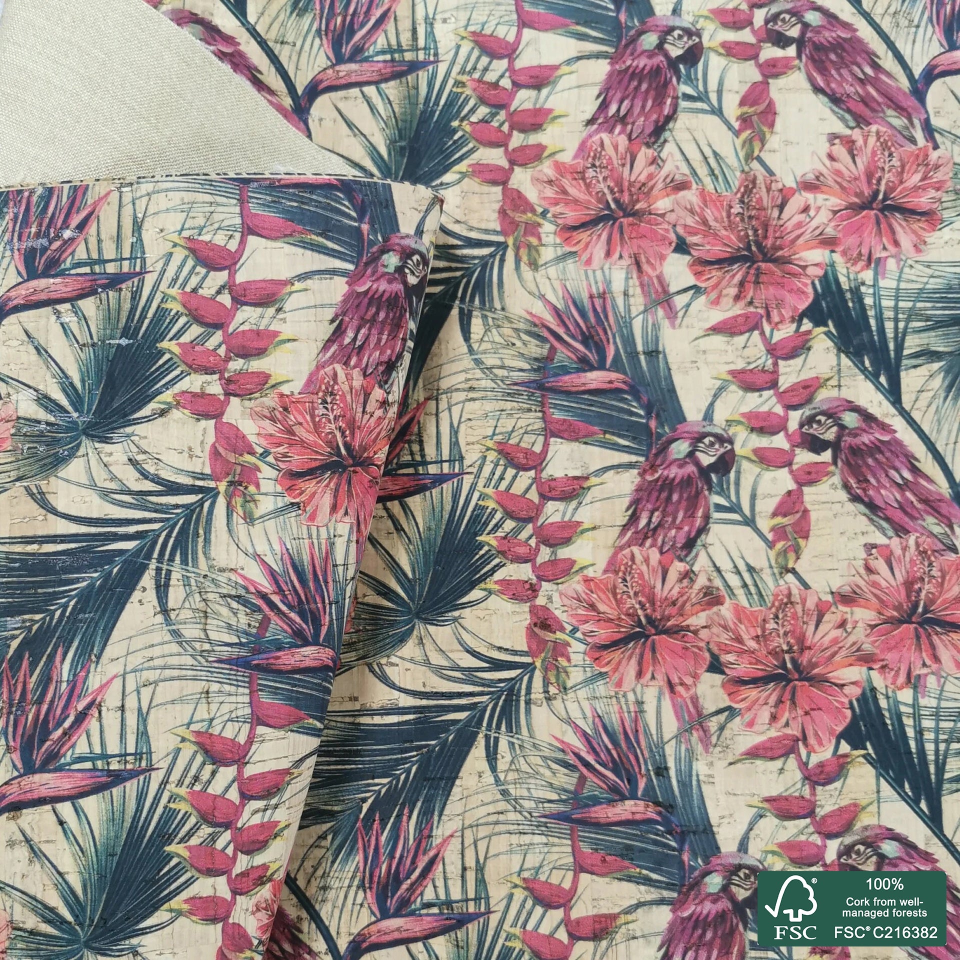Parrot printed pattern on natural cork fabric (52)