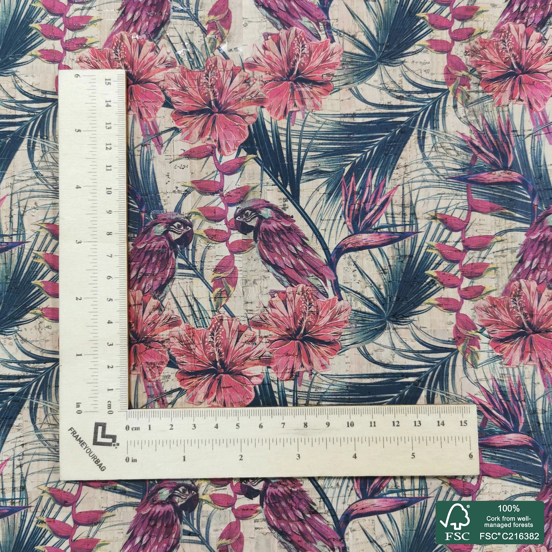 Parrot printed pattern on natural cork fabric (52)