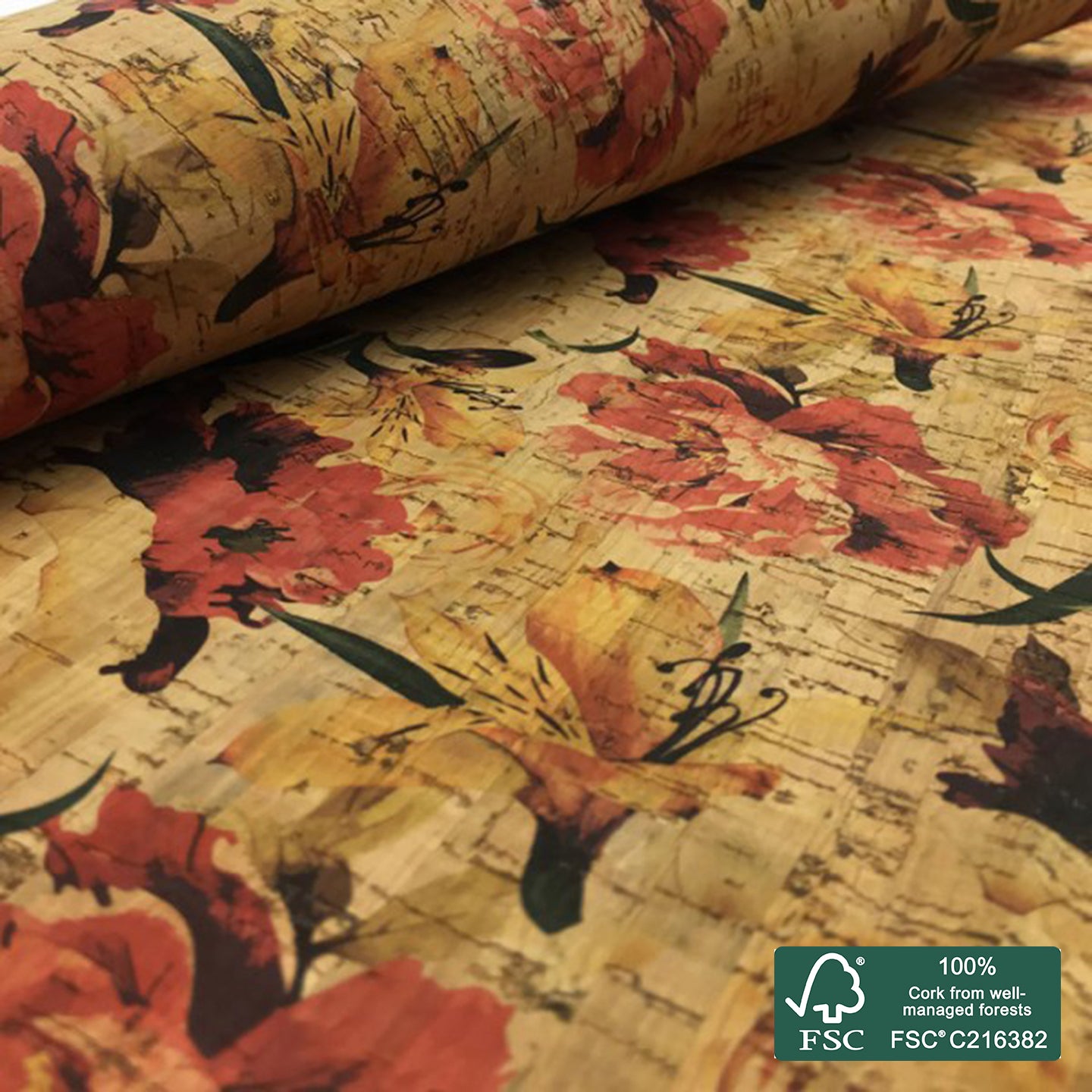 Flowers printed pattern on natural cork fabric (54)