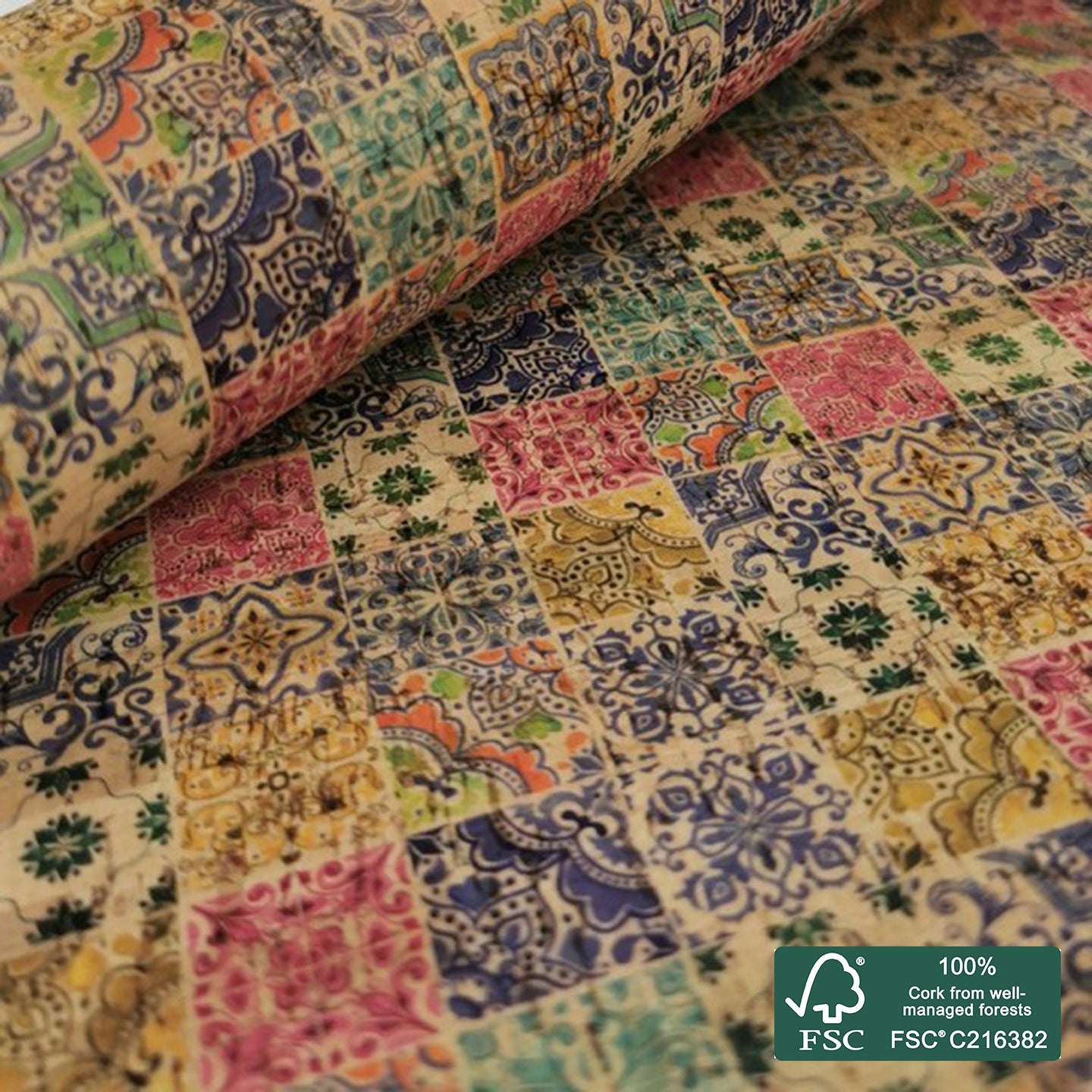Tiles printed pattern on natural cork fabric (55)