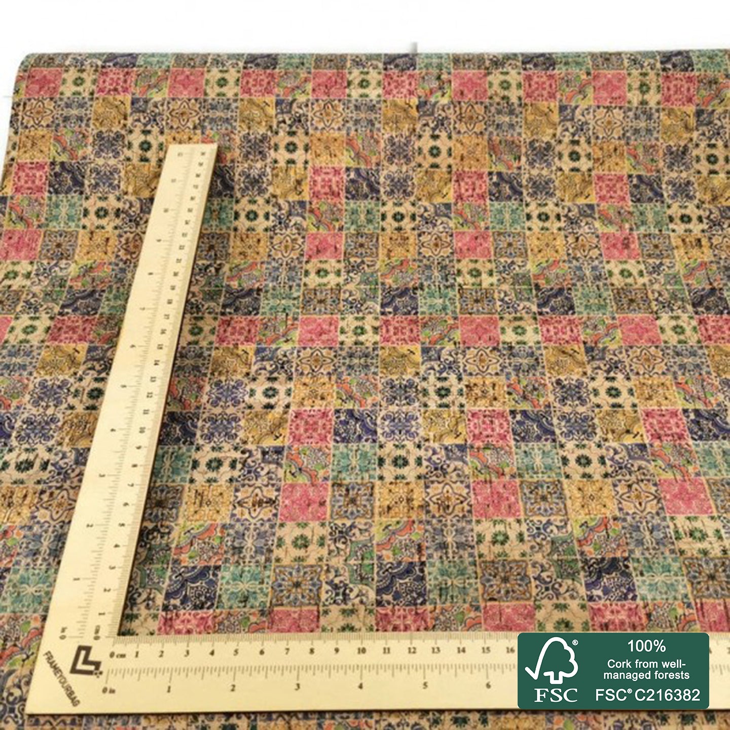 Tiles printed pattern on natural cork fabric (55)