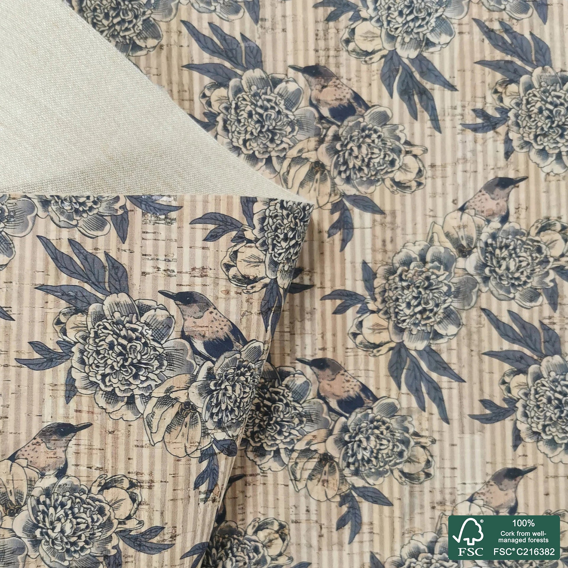 Birds printed pattern on natural cork fabric (56)