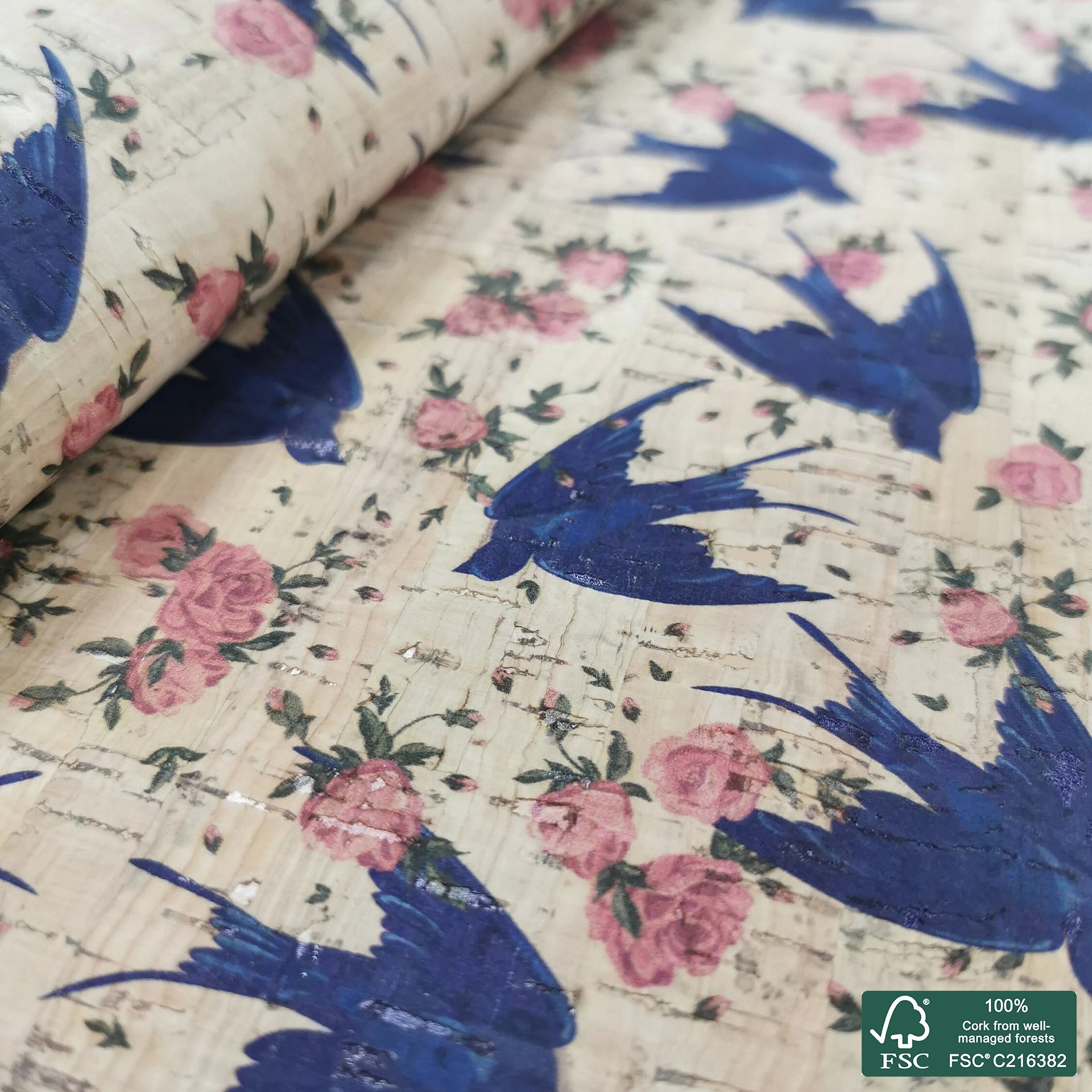 Birds printed pattern on natural cork fabric (57)