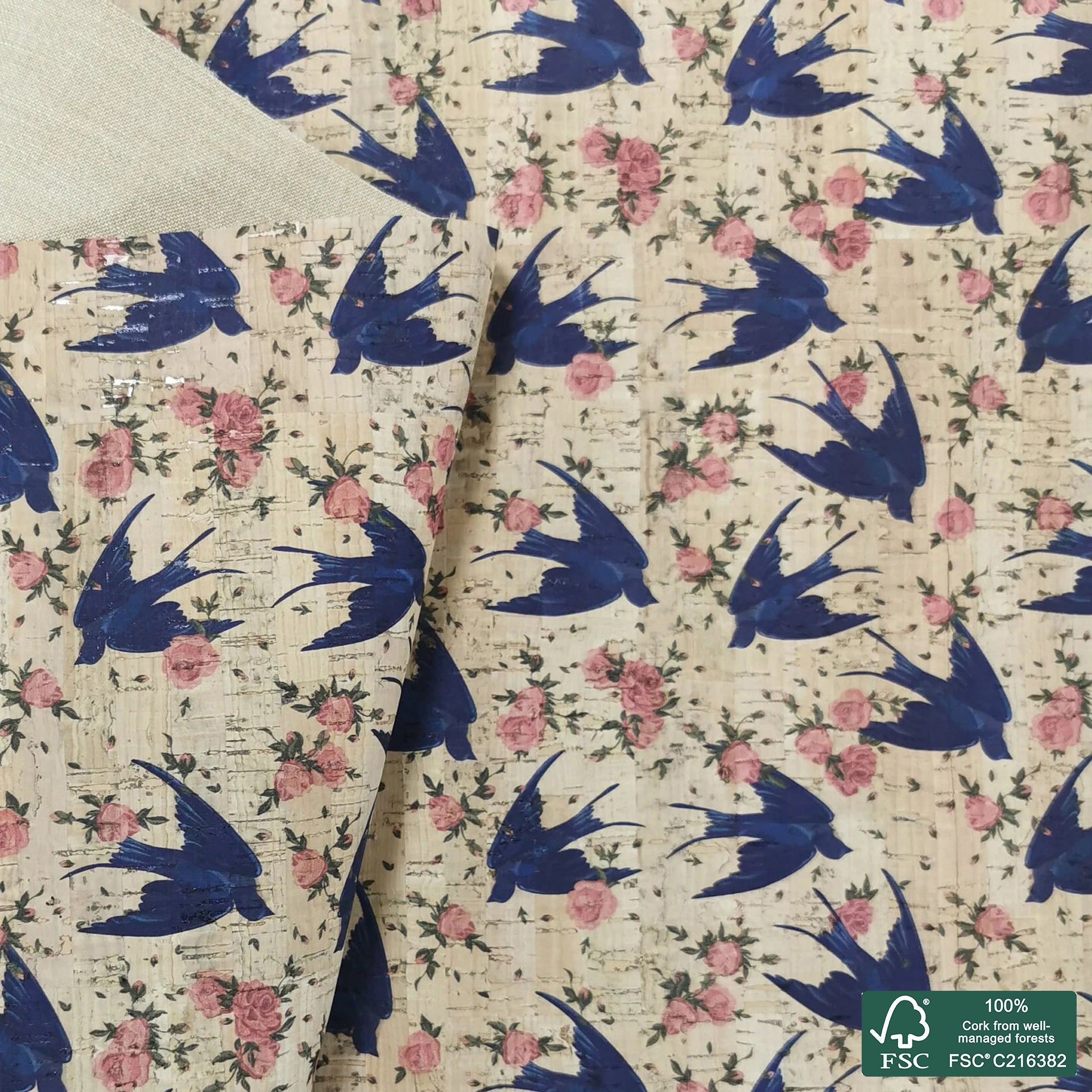 Birds printed pattern on natural cork fabric (57)