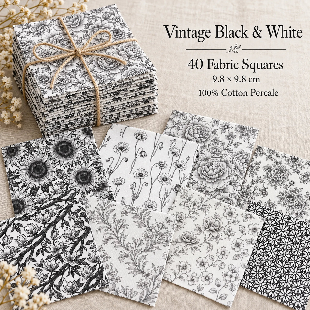 40 Pieces Black and White Floral Printed Percale Cotton Fabric (CHP009)