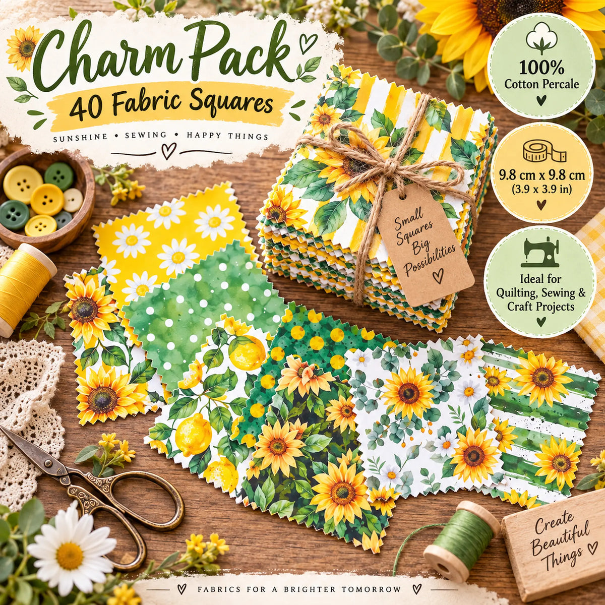 40 Pieces of Watercolor sunflower Printed Percale Cotton Fabric (CHP003)