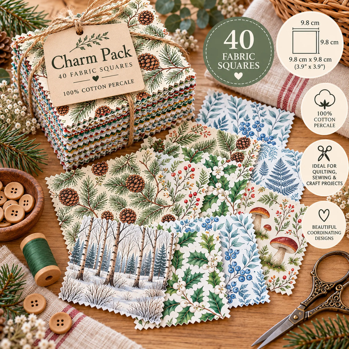 40 Pieces of Winter woodland Printed Percale Cotton Fabric (CHP004)