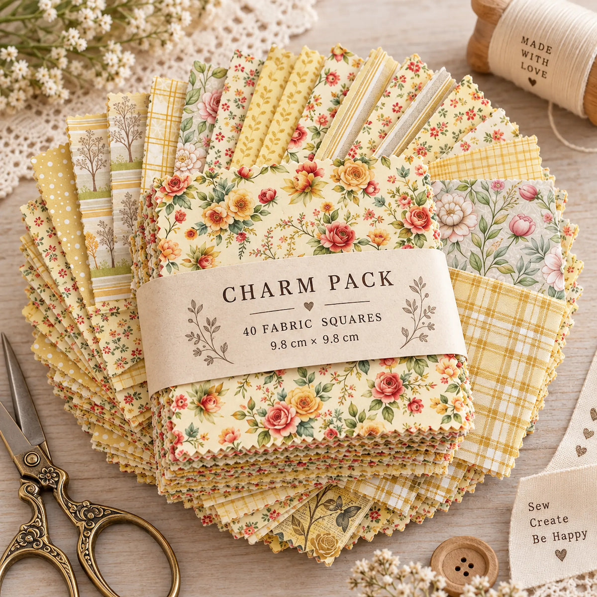 40 Pieces of yellow vintage Printed Percale Cotton Fabric (CHP002)