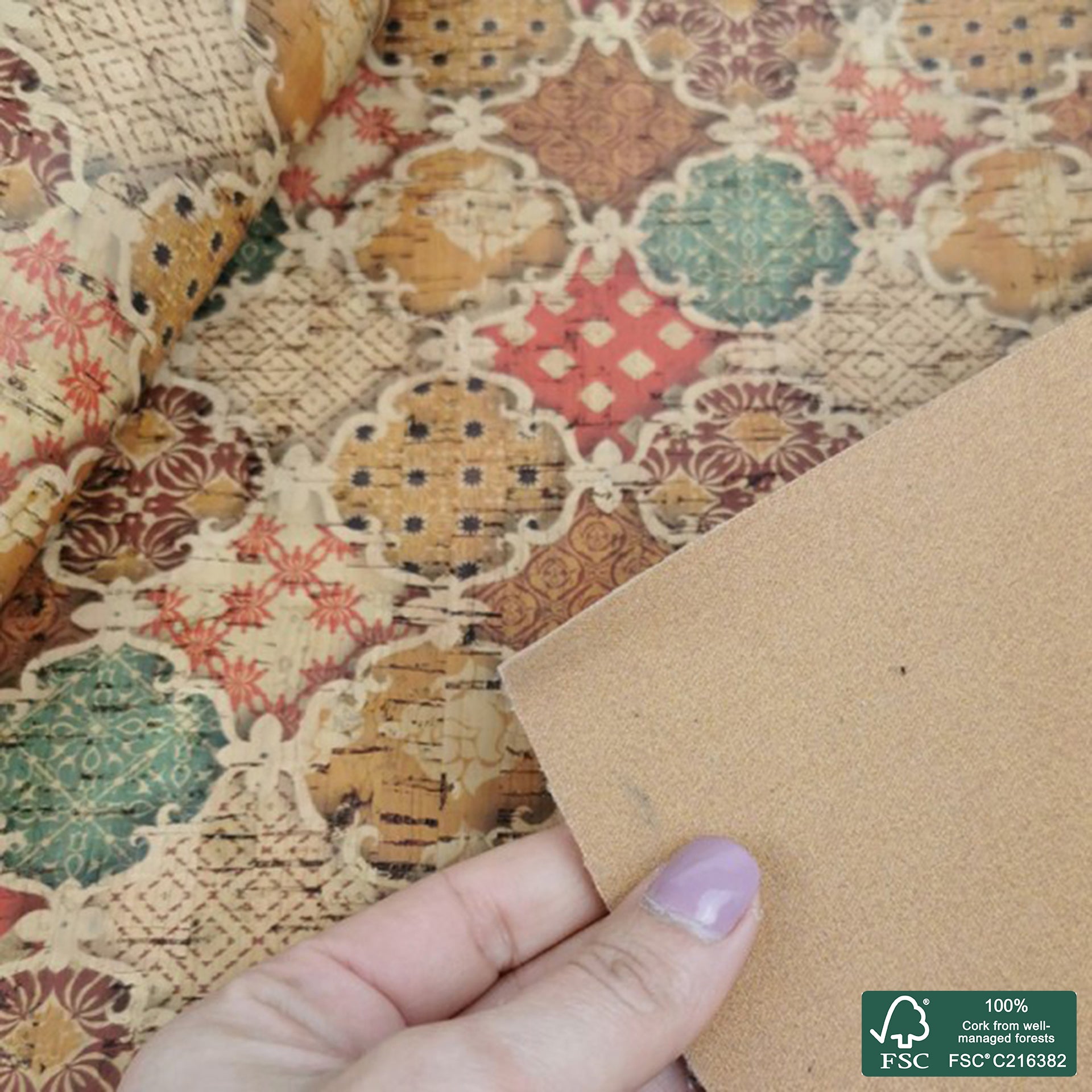 Tiles printed pattern on natural cork fabric (64)