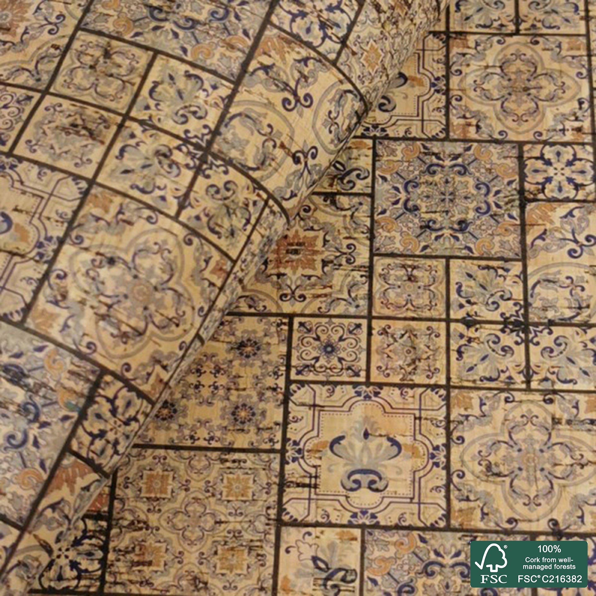 Tiles printed pattern on natural cork fabric (67)