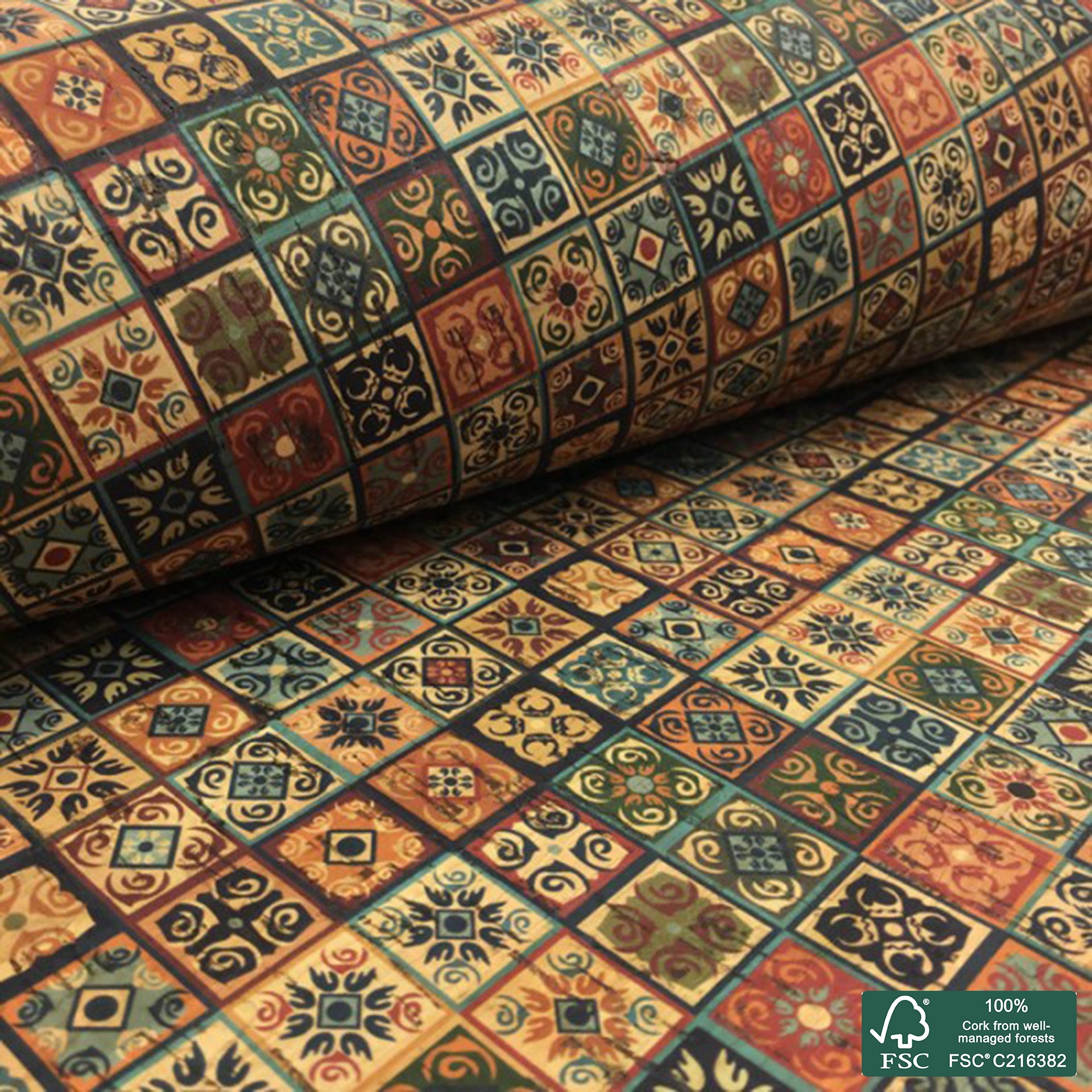 Tiles printed pattern on natural cork fabric (69)