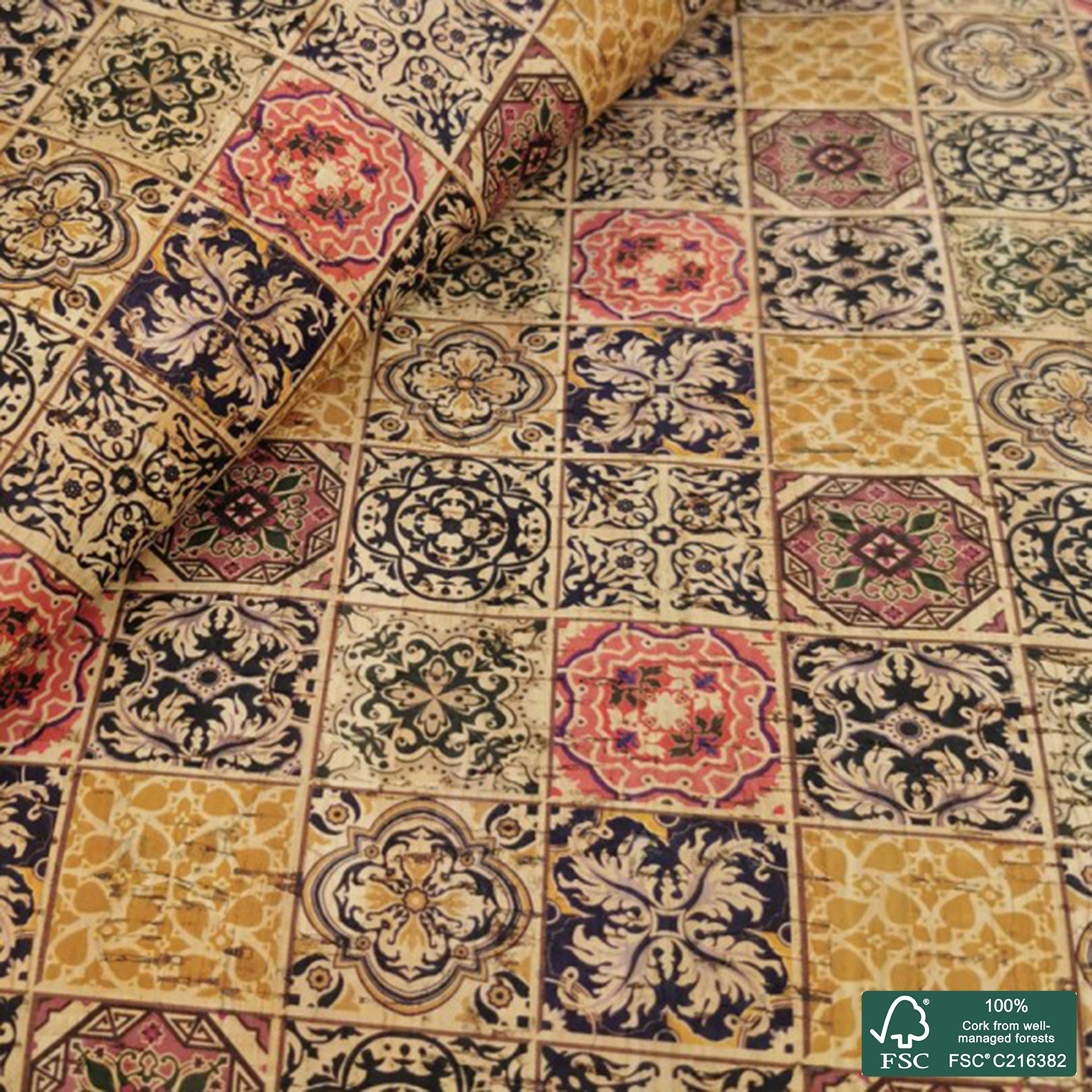 Tiles printed pattern on natural cork fabric (70)