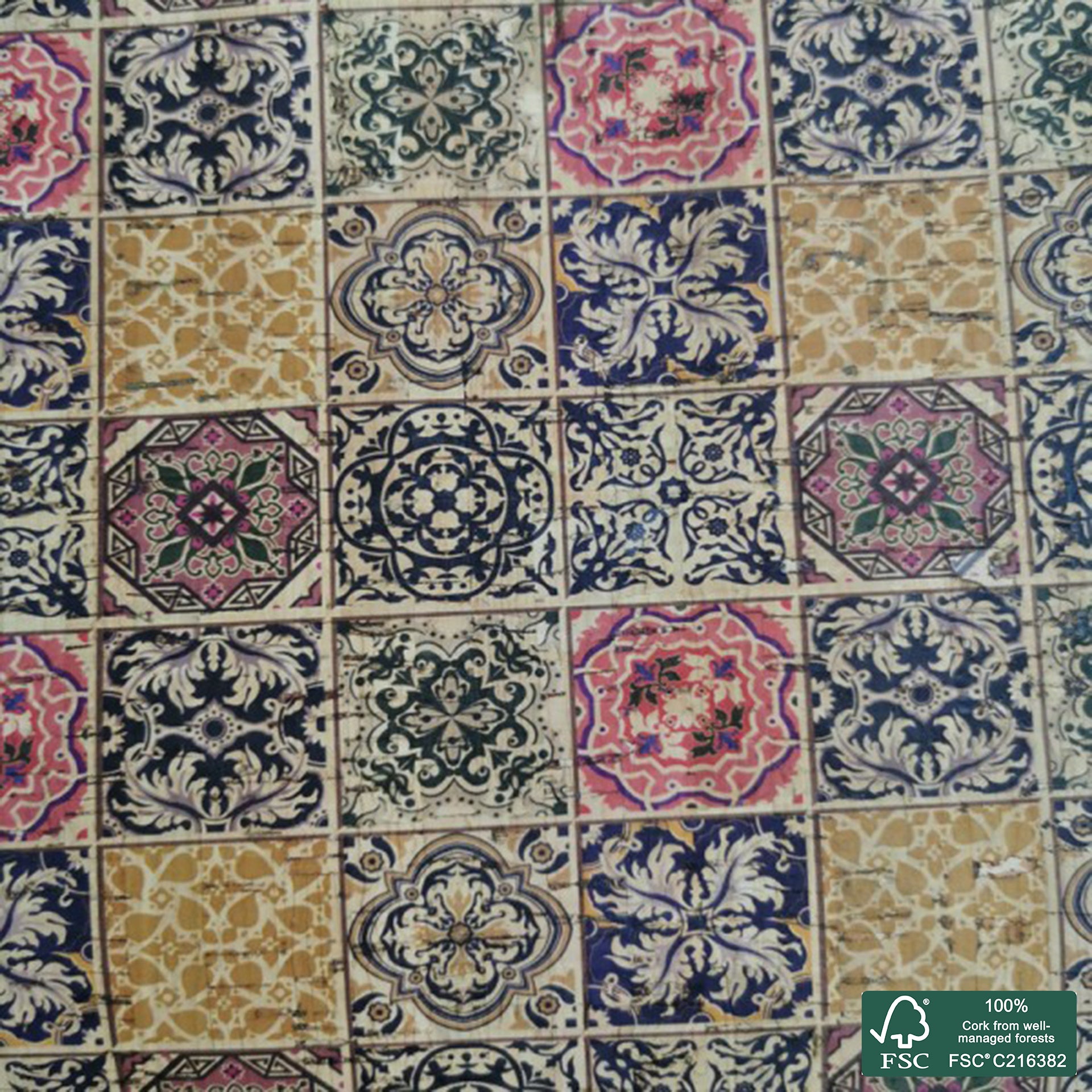 Tiles printed pattern on natural cork fabric (70)