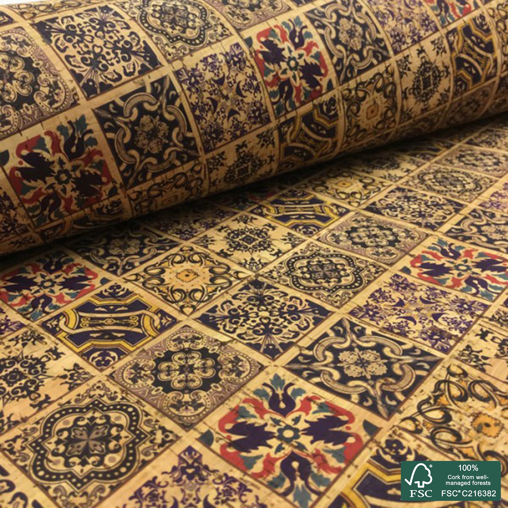 Tiles printed pattern on natural cork fabric (72)