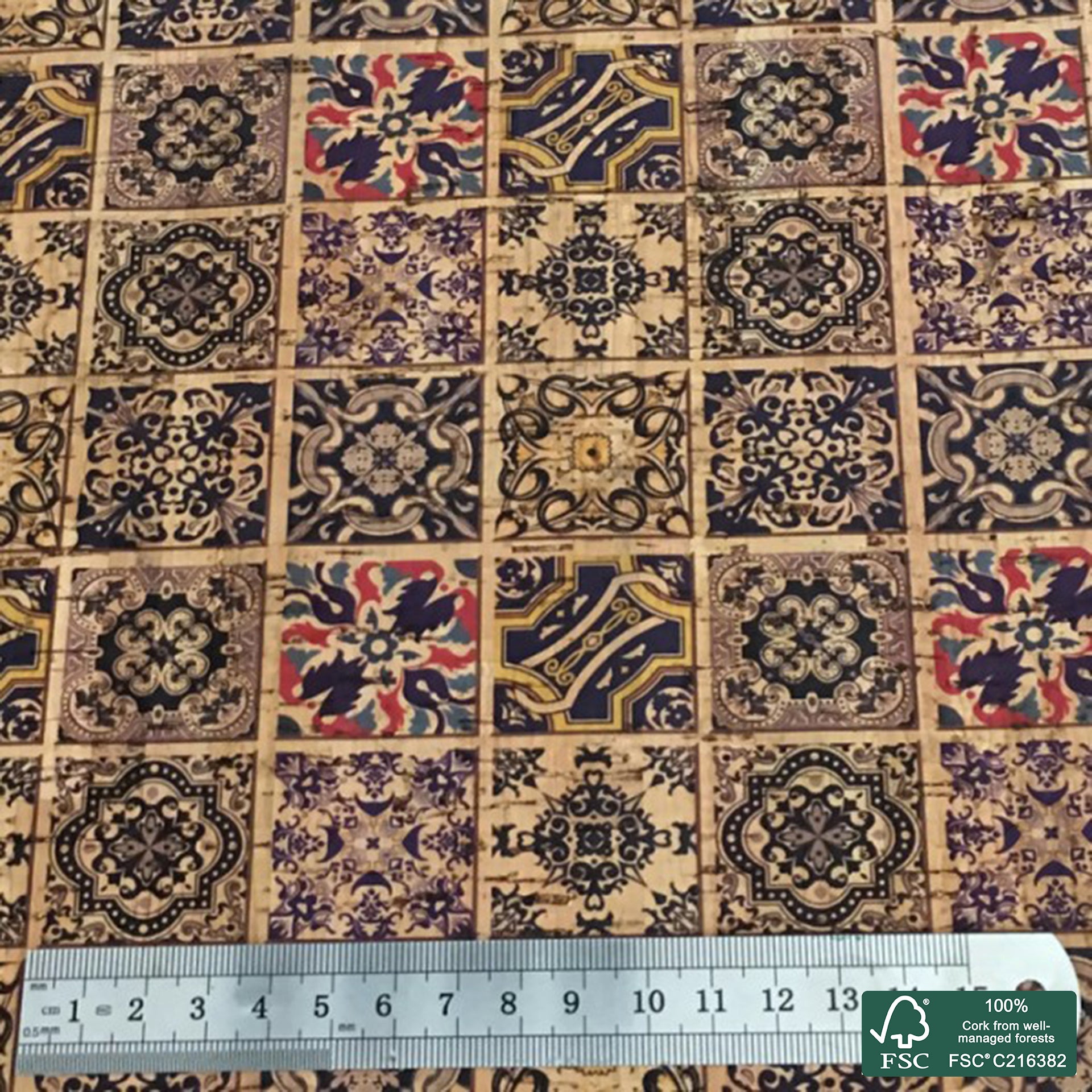 Tiles printed pattern on natural cork fabric (72)
