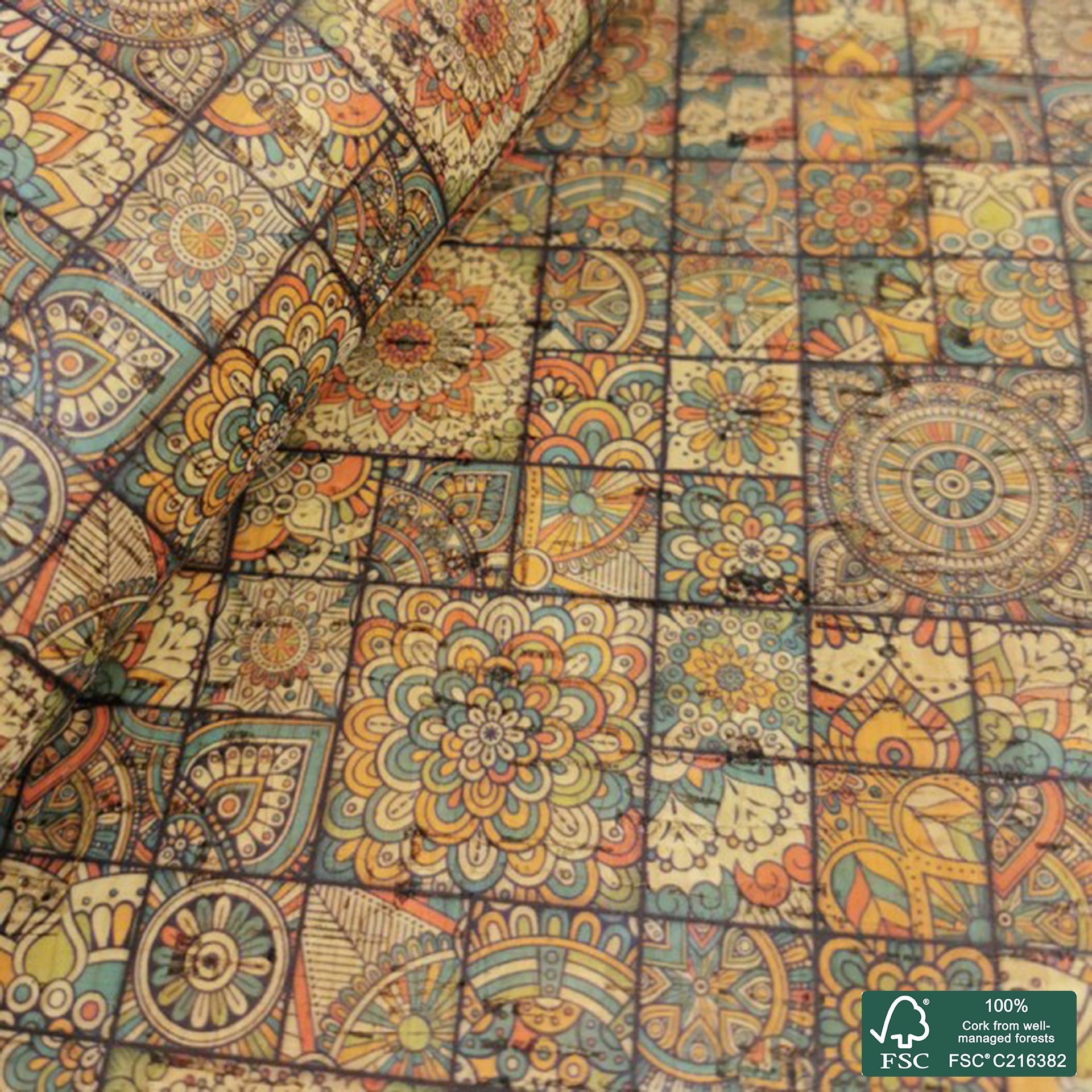 Tiles printed pattern on natural cork fabric (74)