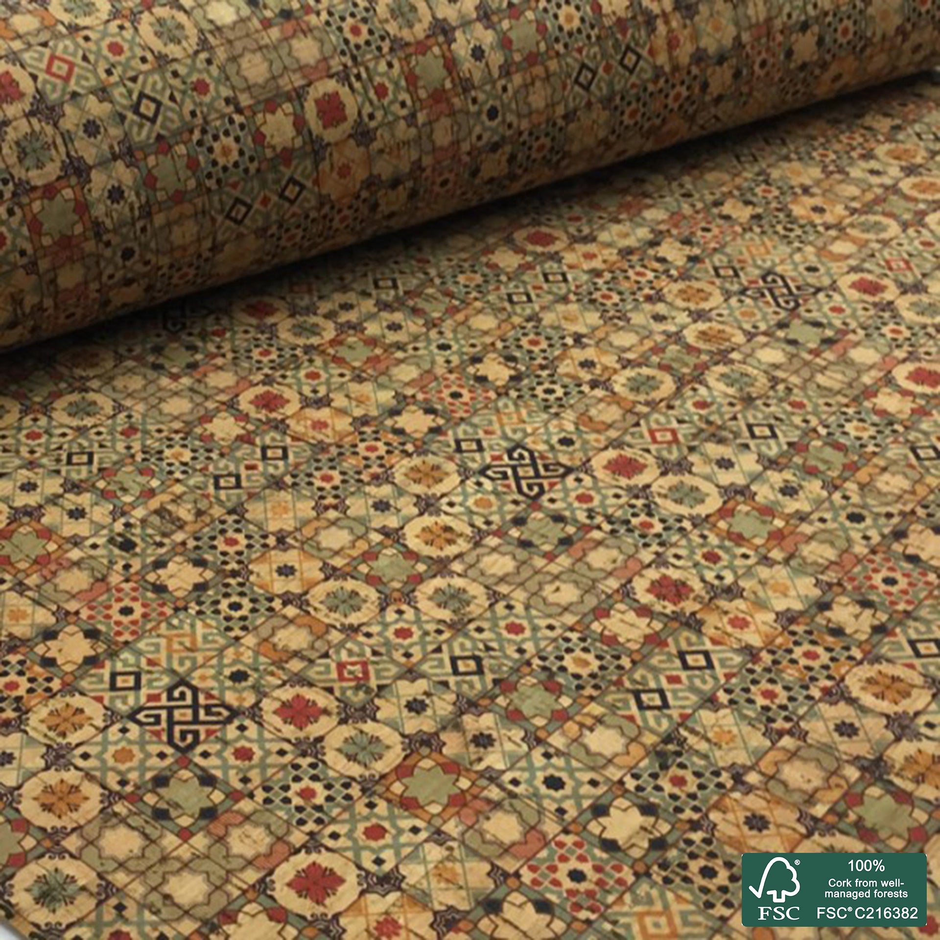 Tiles printed pattern on natural cork fabric (77)
