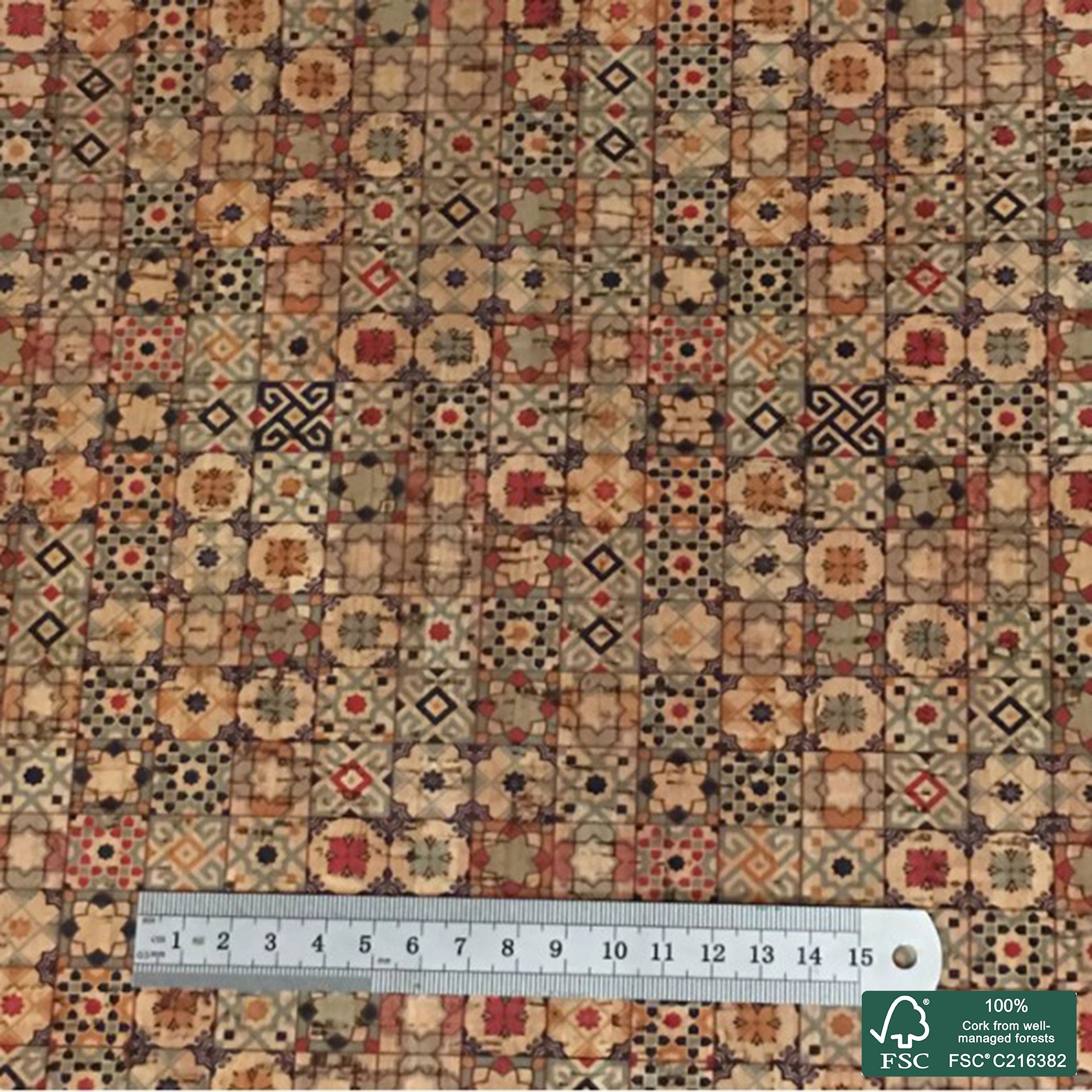 Tiles printed pattern on natural cork fabric (77)