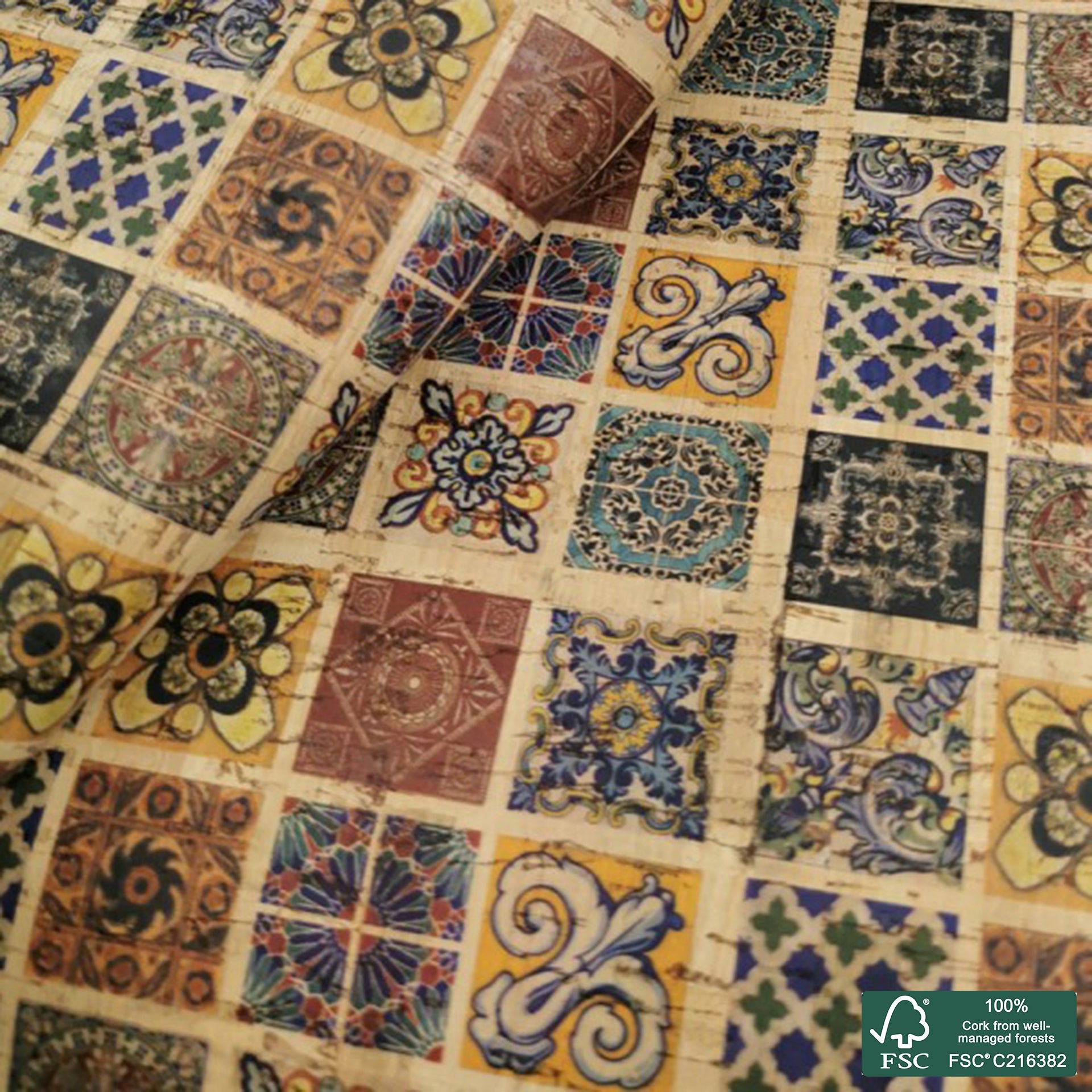 Tiles printed pattern on natural cork fabric (81)