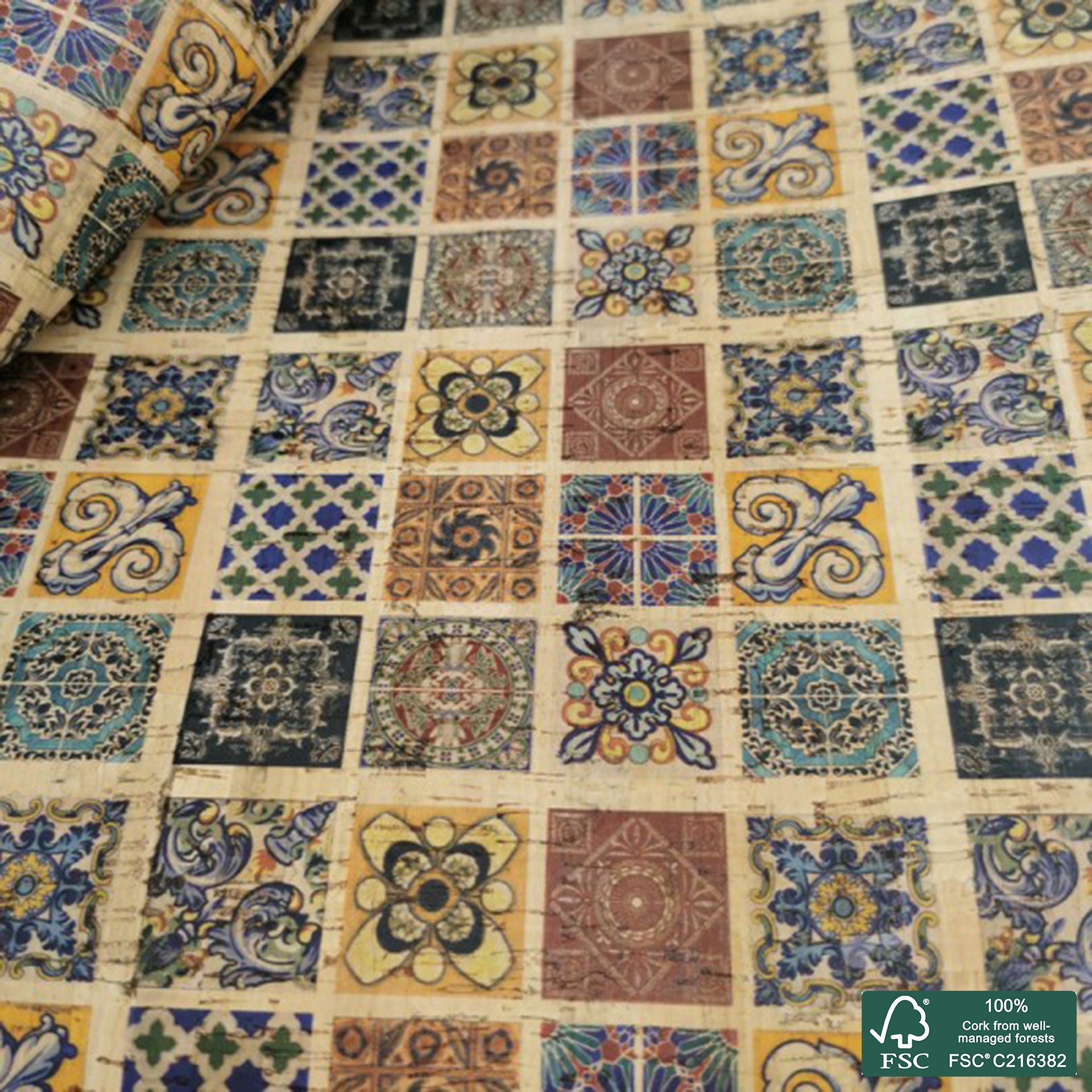 Tiles printed pattern on natural cork fabric (81)