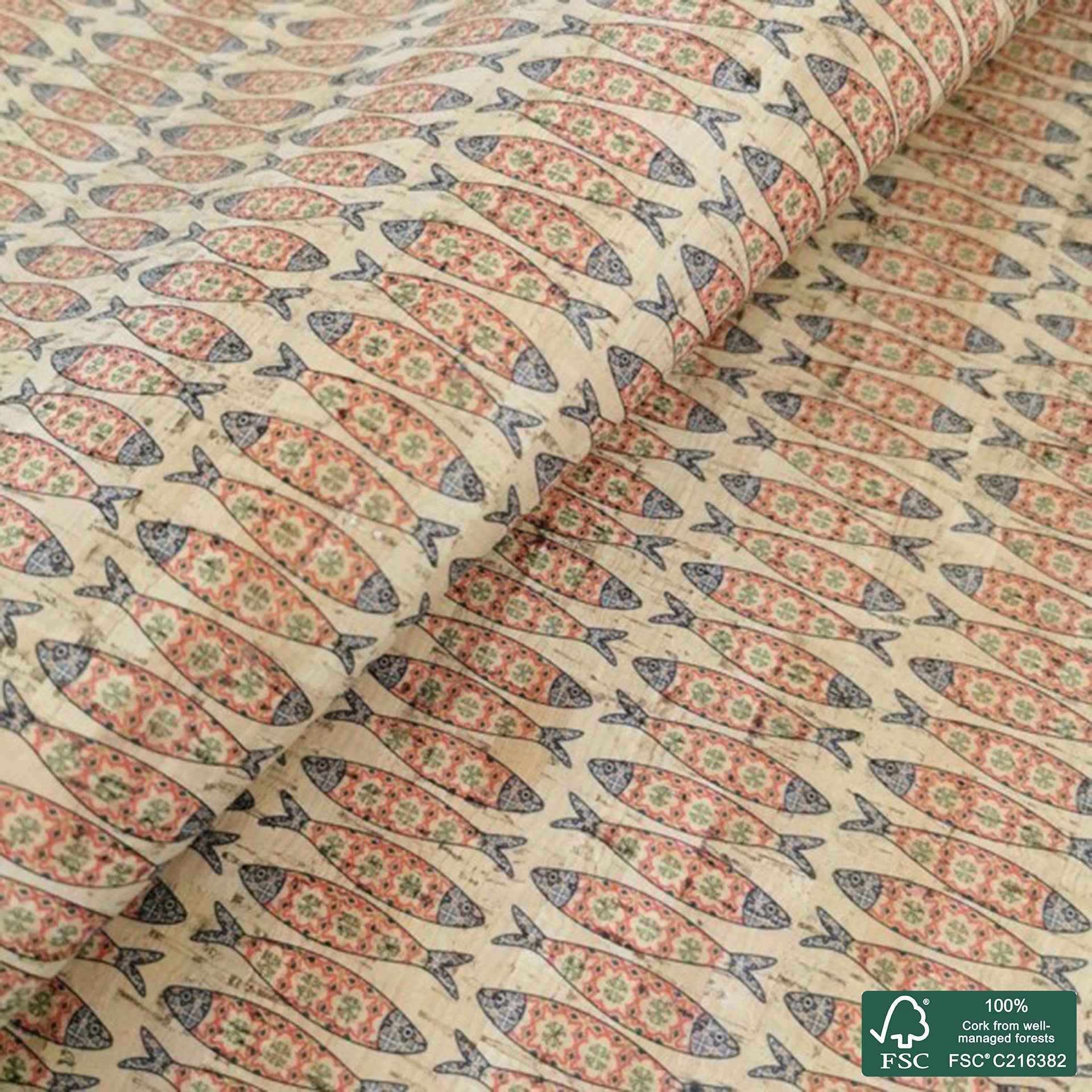 Sardines printed pattern on natural cork fabric (86)