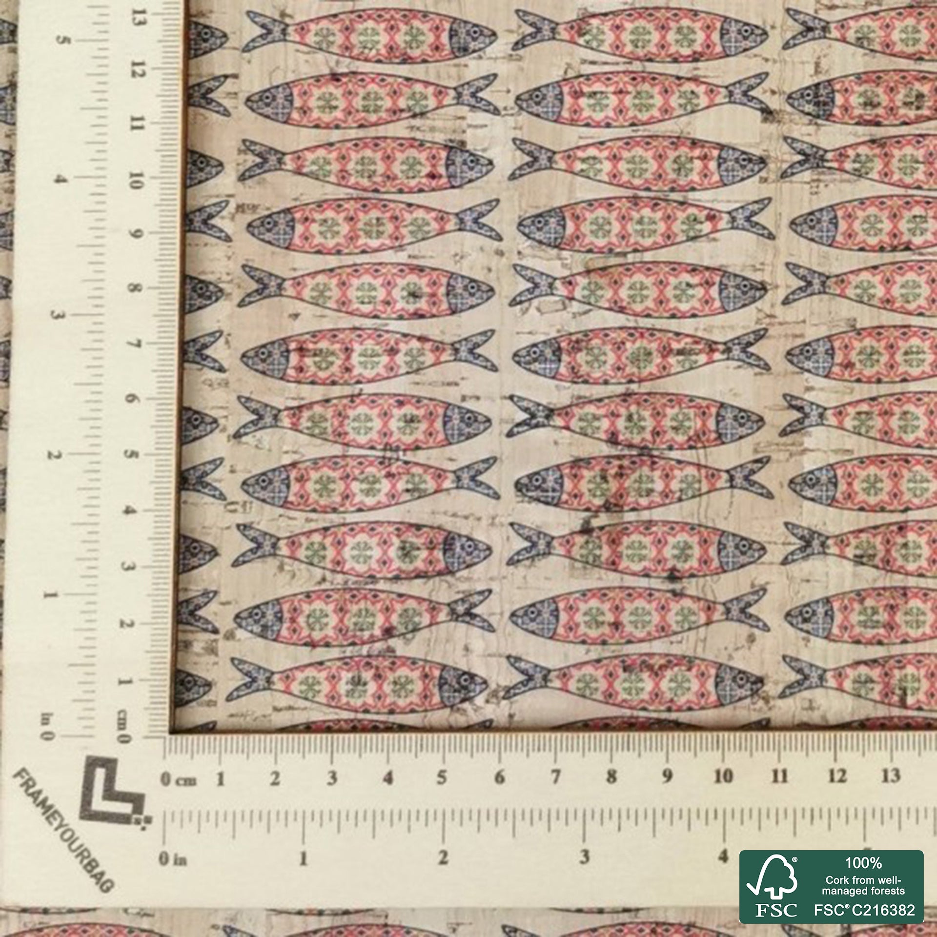 Sardines printed pattern on natural cork fabric (86)