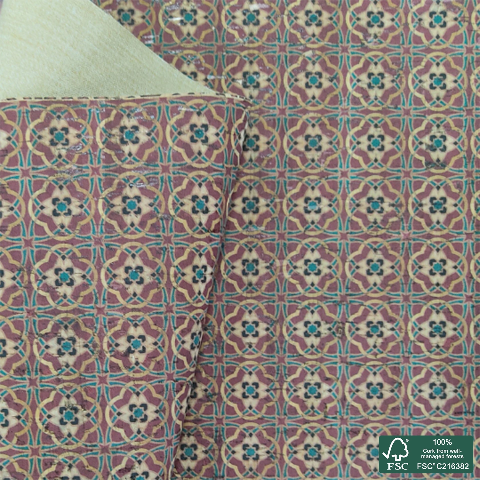 Tiles printed pattern on natural cork fabric (87)