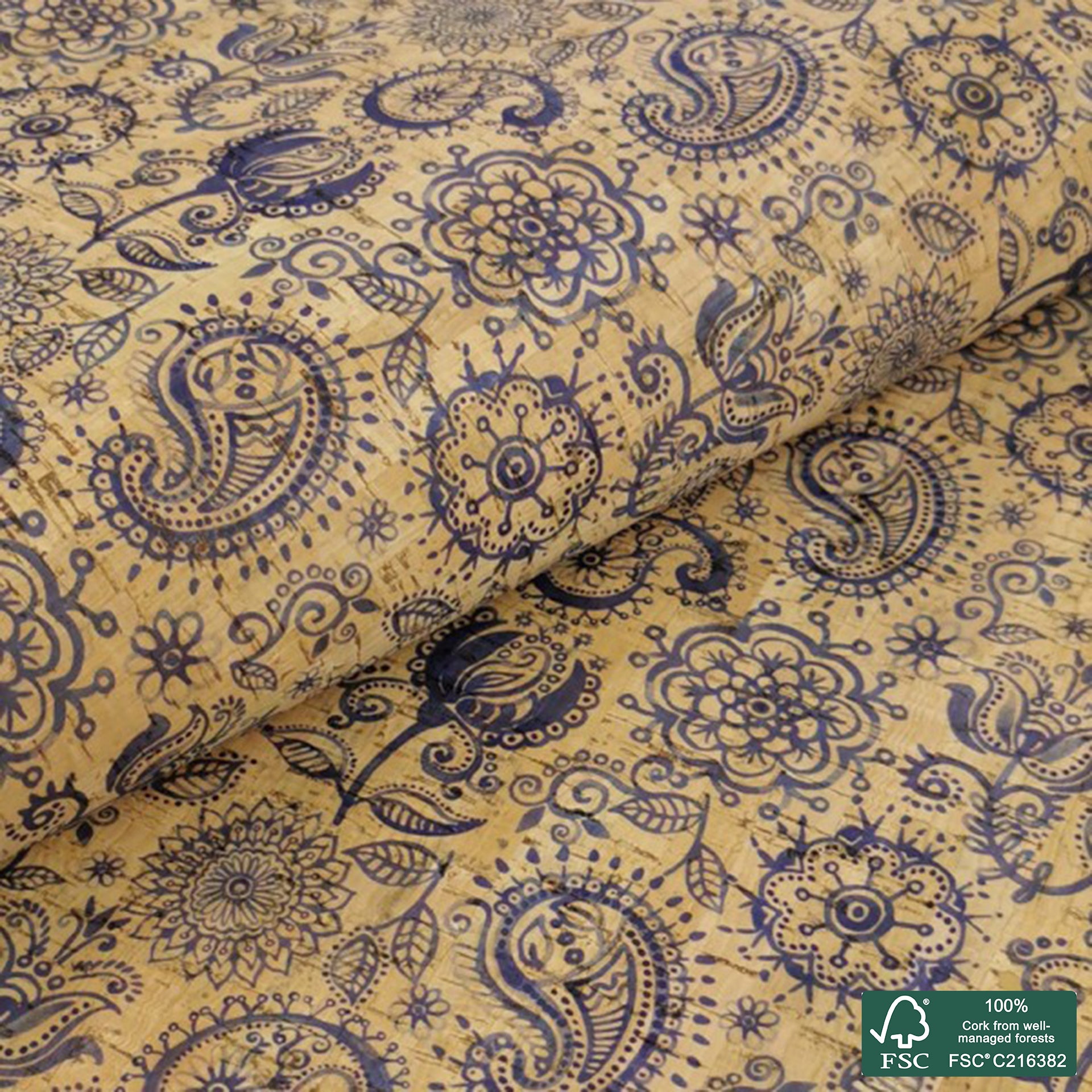 Paisley printed pattern on natural cork fabric (89)