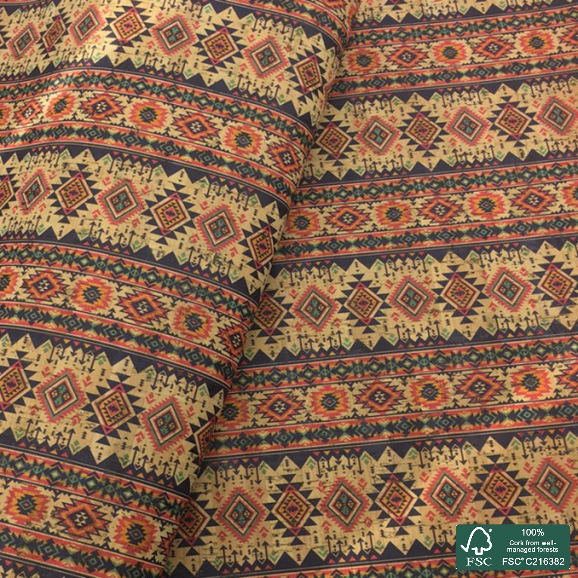 Tribal printed pattern on natural cork fabric (94)
