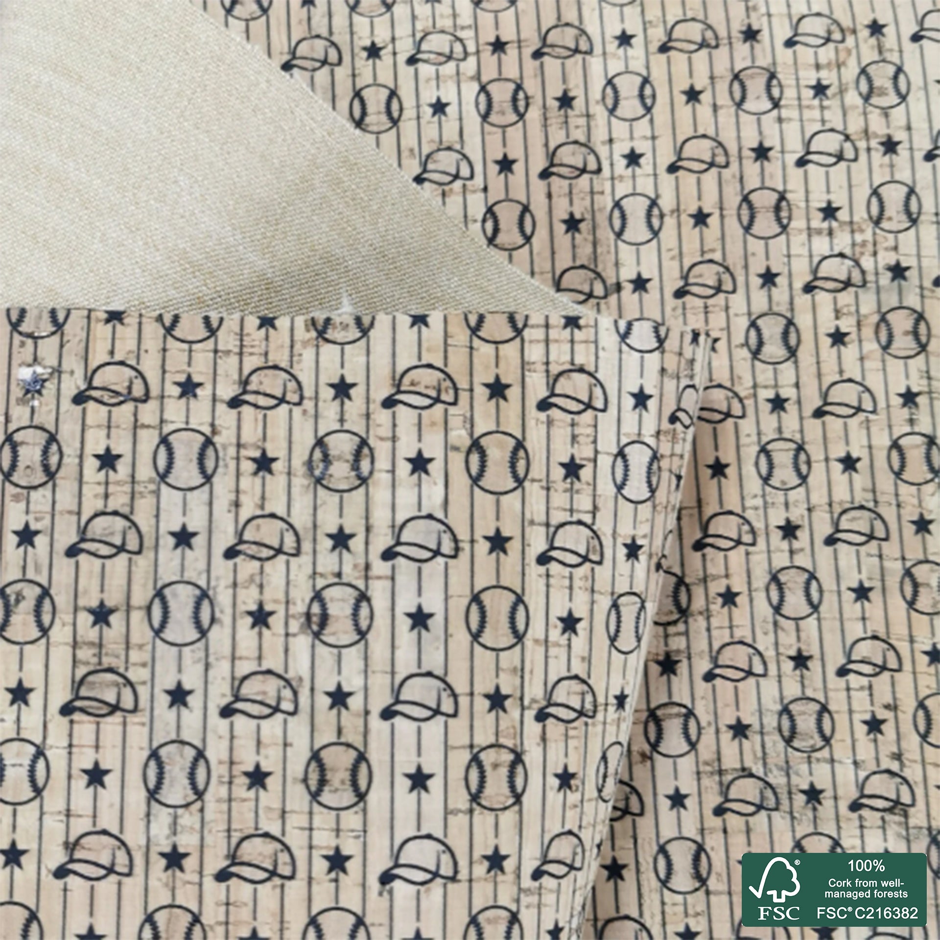 Baseball printed pattern on natural cork fabric (99)