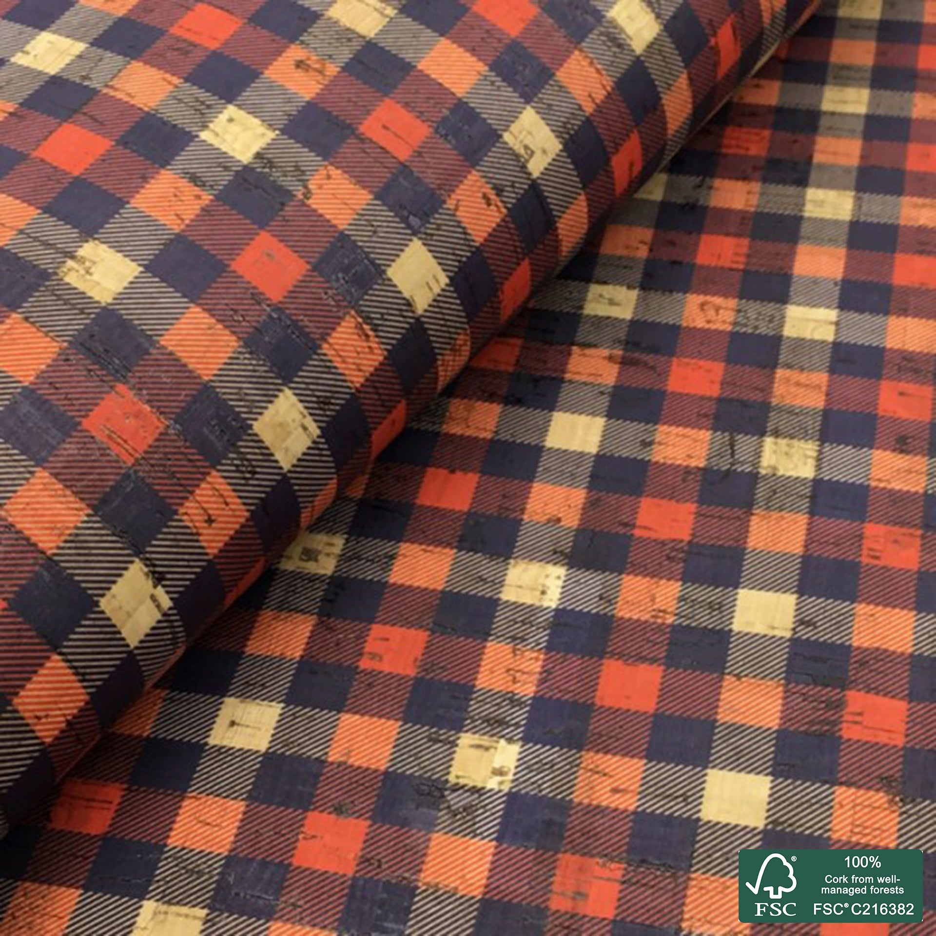 Plaid printed pattern on natural cork fabric (100)