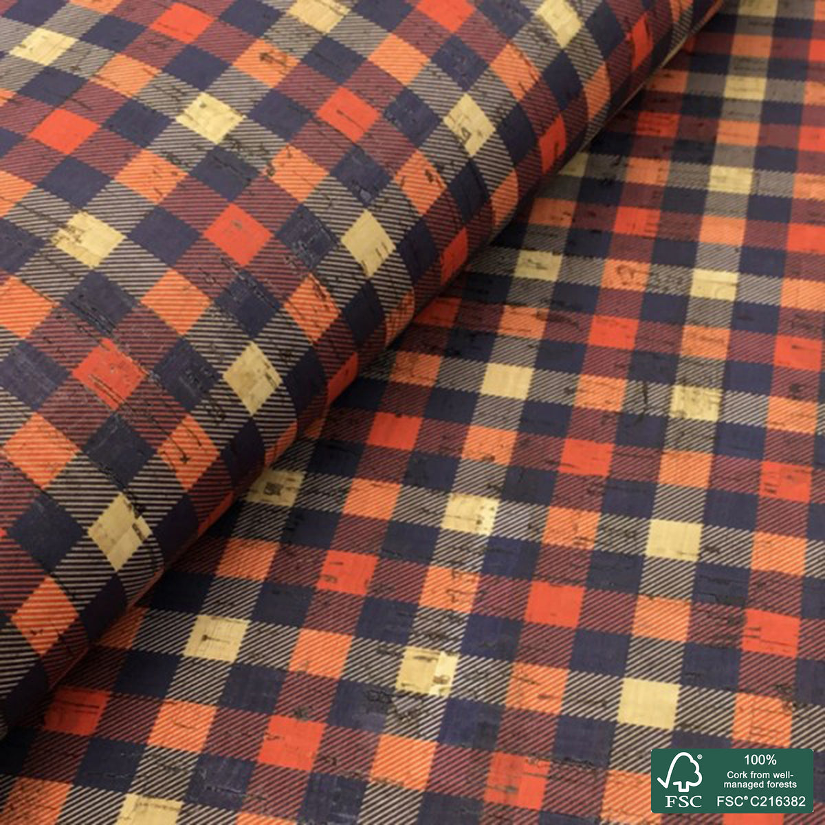 Plaid printed pattern on natural cork fabric (100)