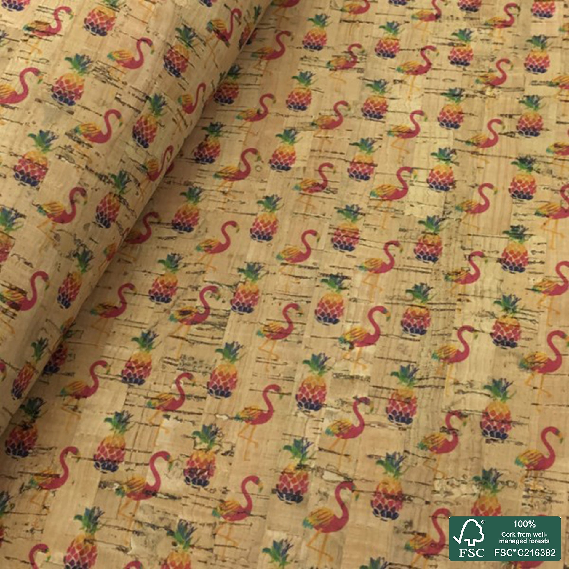 Flamingo printed pattern on natural cork fabric (105)
