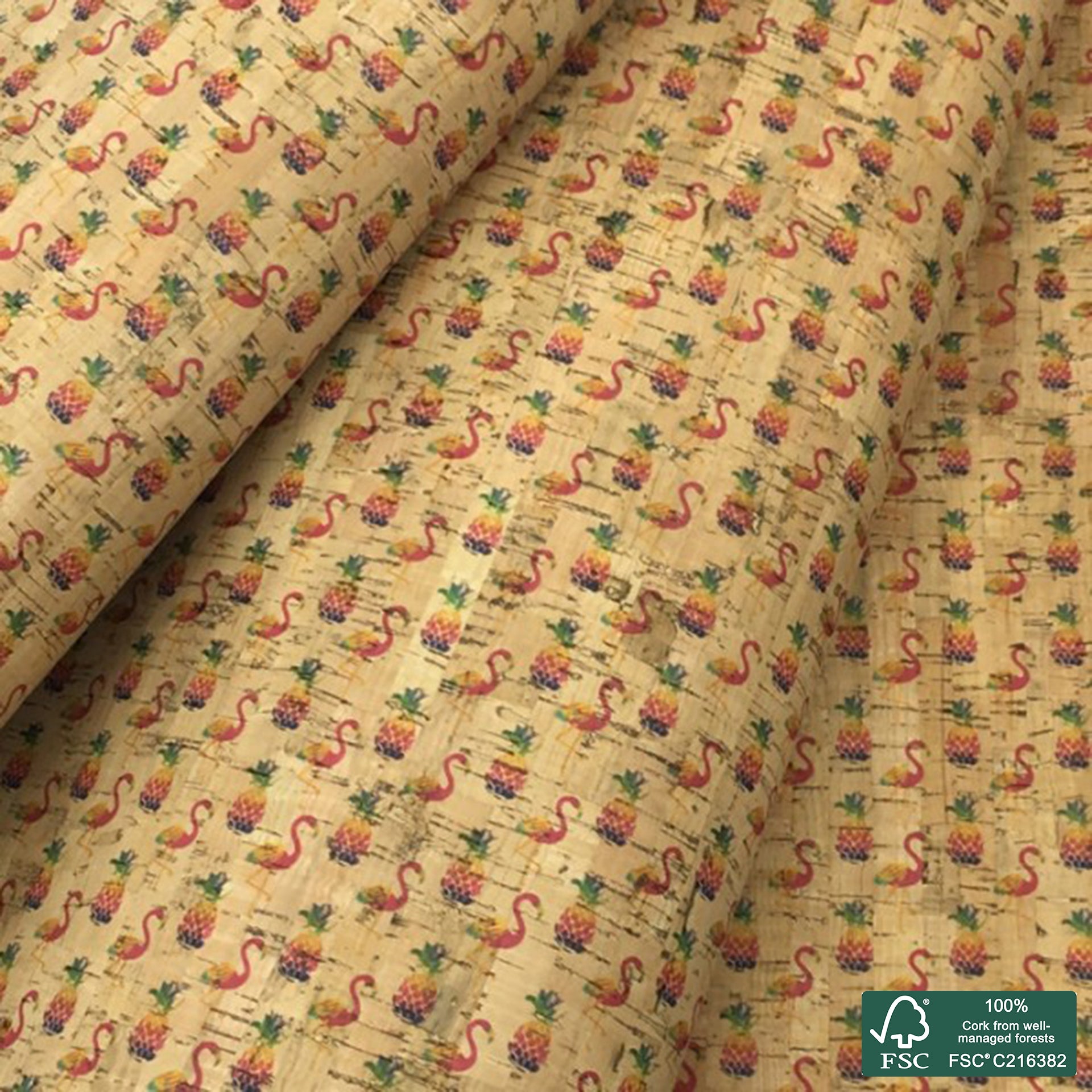 Flamingo printed pattern on natural cork fabric (105)
