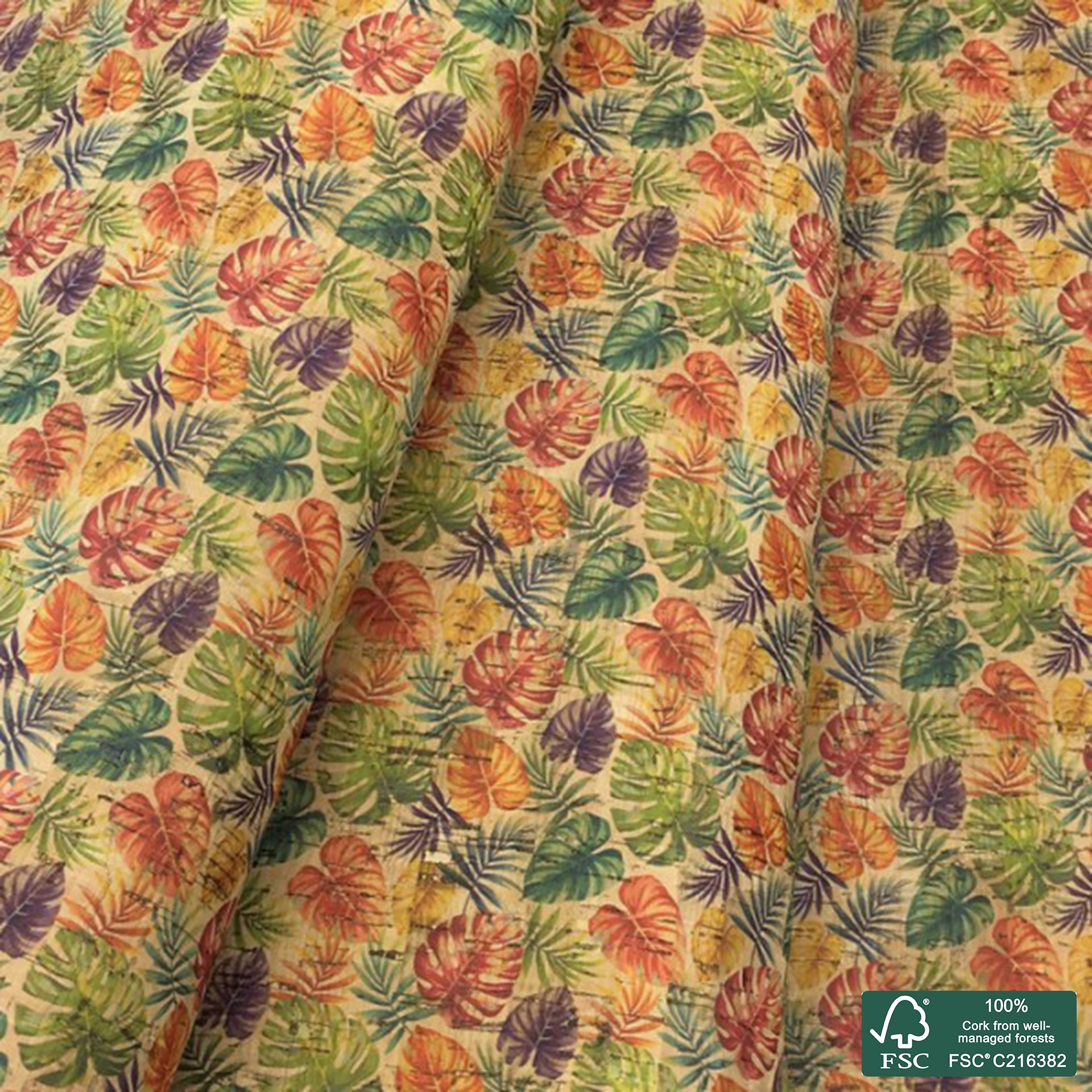 Leaves printed pattern on natural cork fabric (106)
