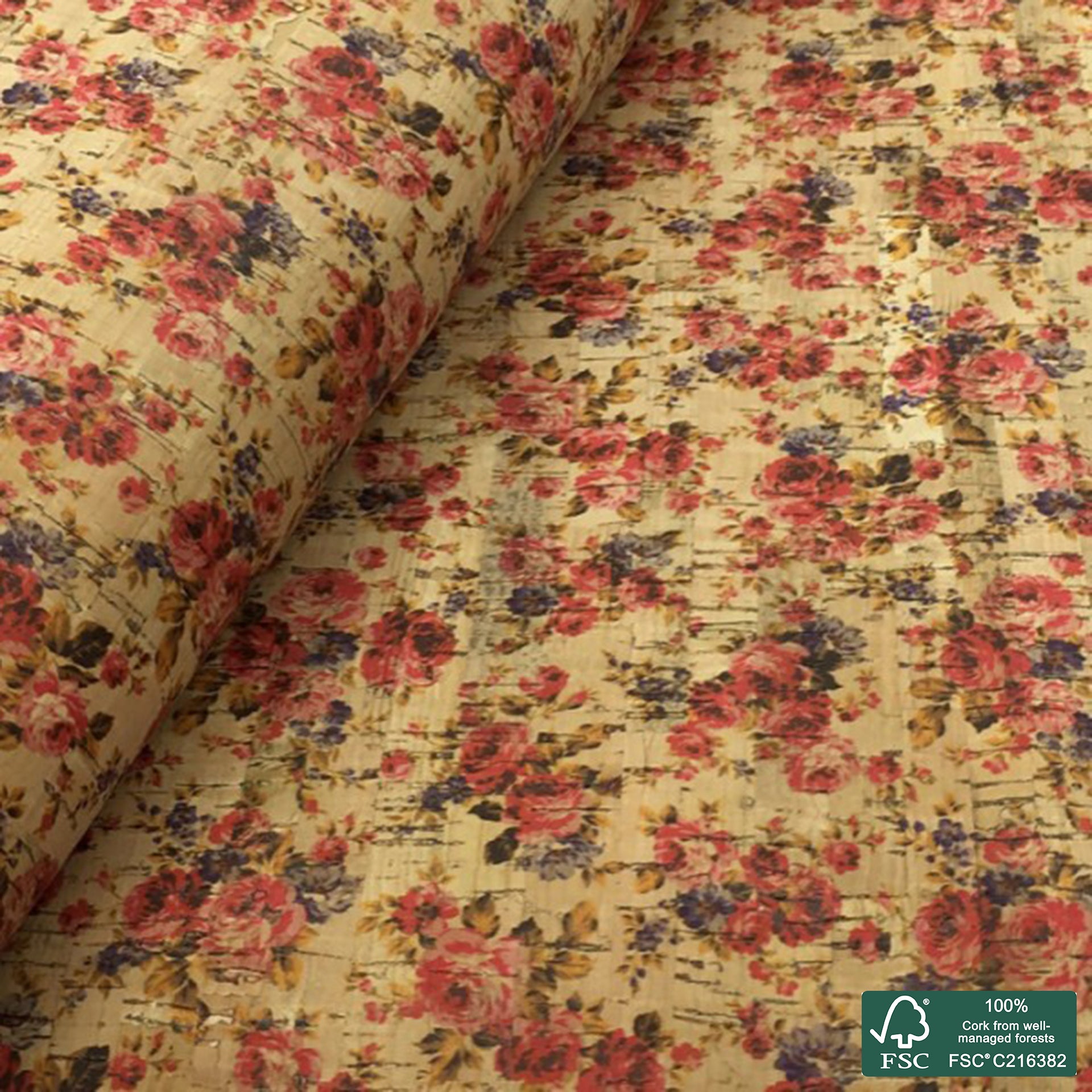 Flowers printed pattern on natural cork fabric (108)