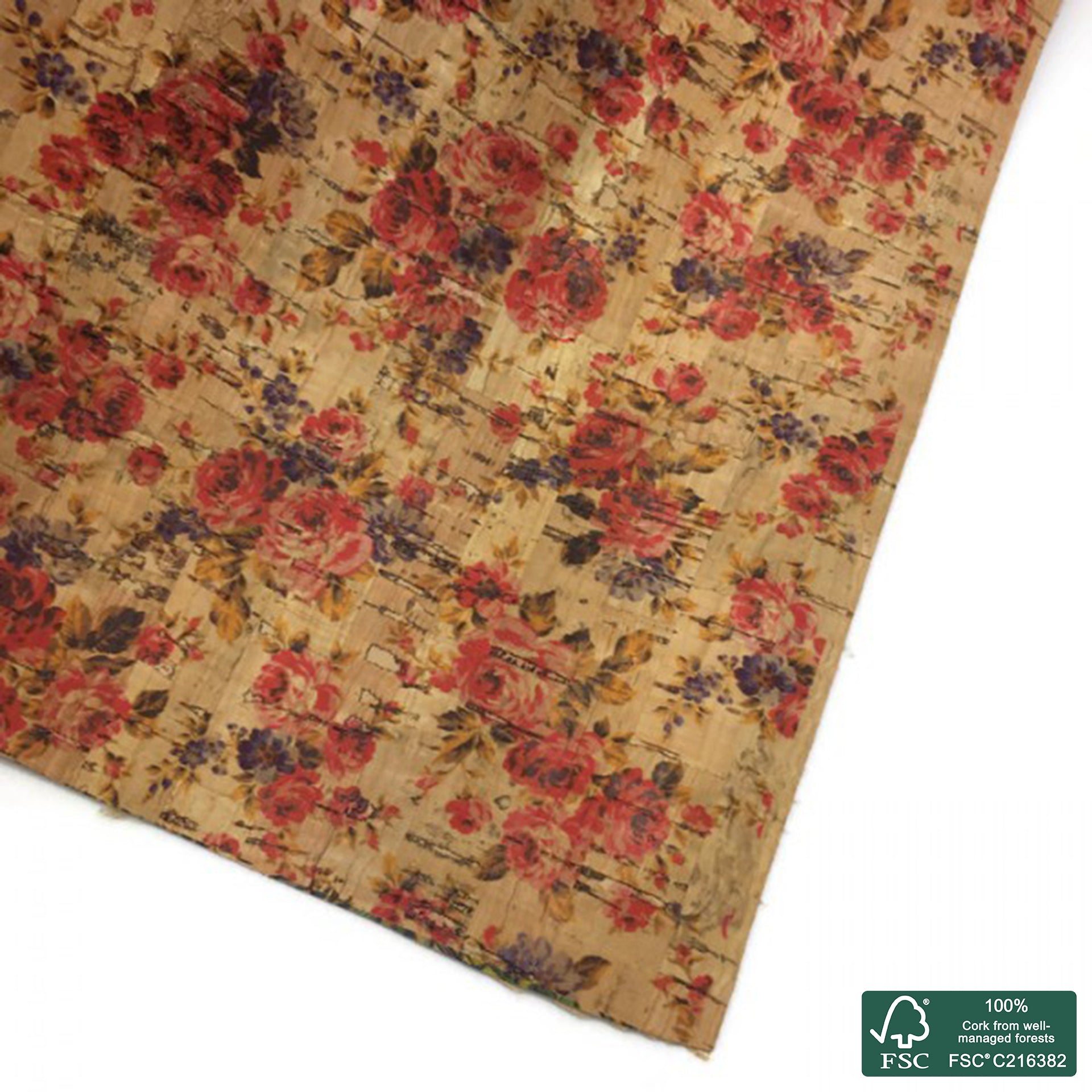 Flowers printed pattern on natural cork fabric (108)
