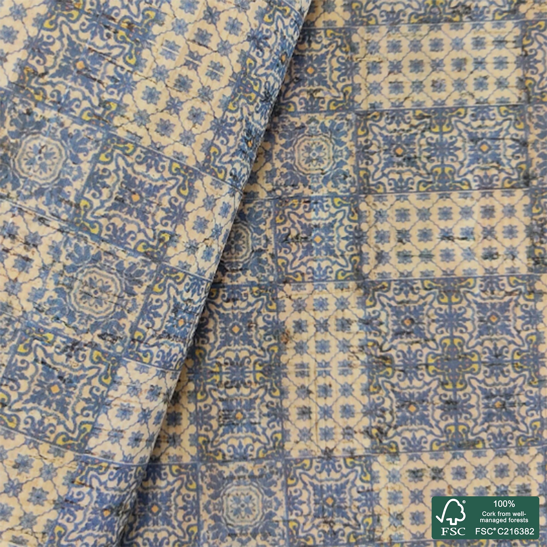 Tiles printed pattern on natural cork fabric (109)