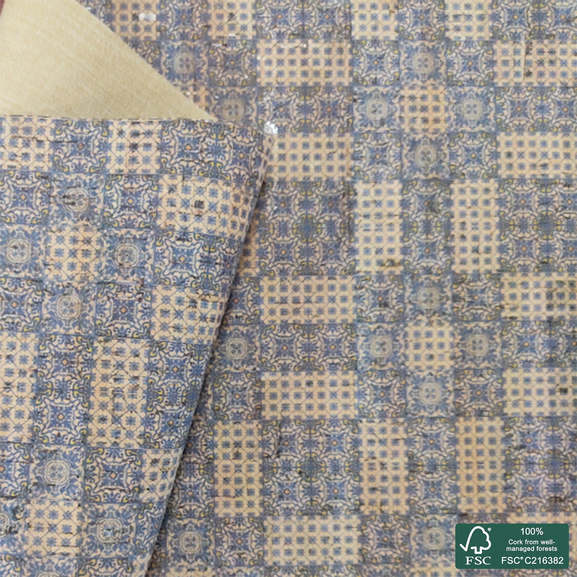 Tiles printed pattern on natural cork fabric (109)