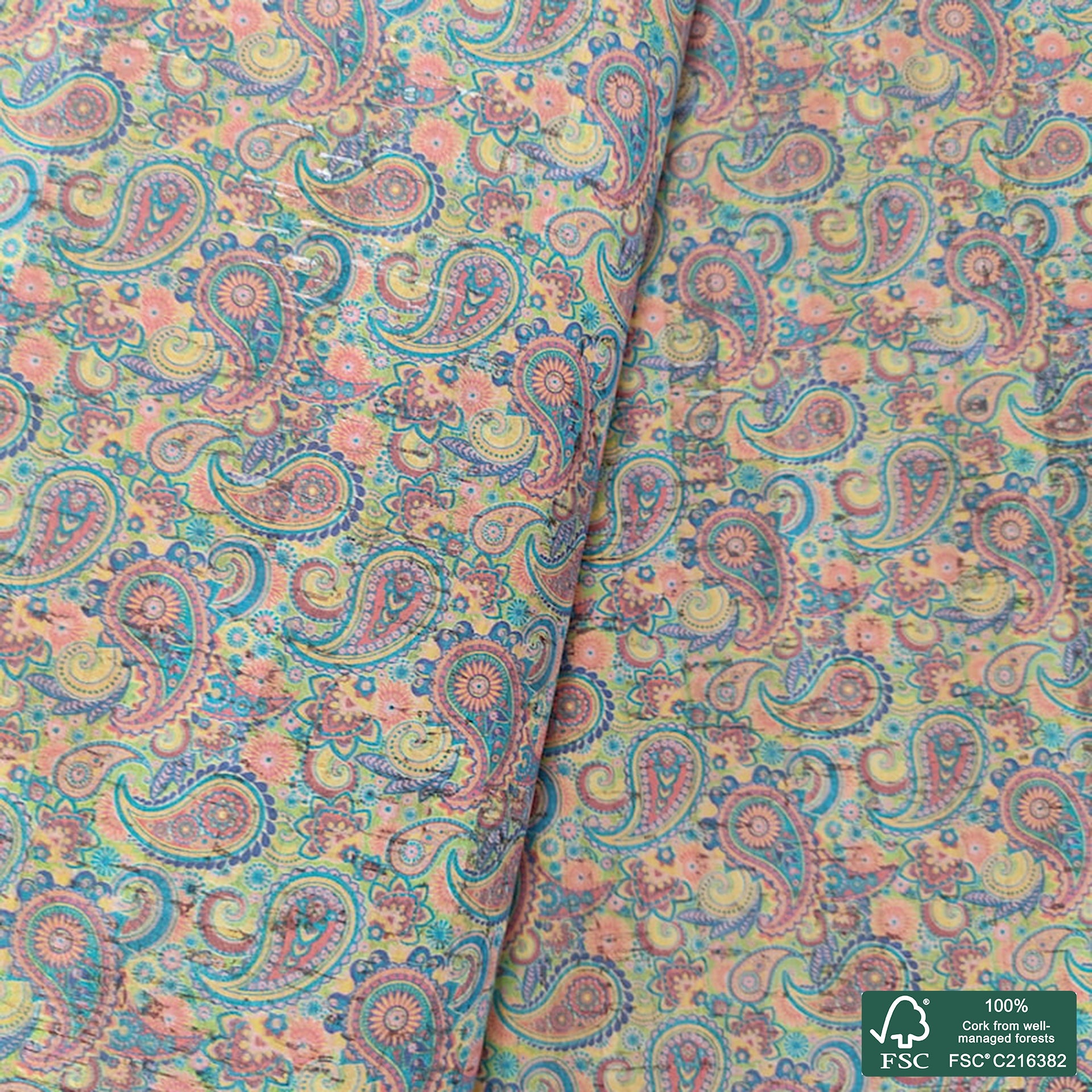 Paisley printed pattern on natural cork fabric (110)