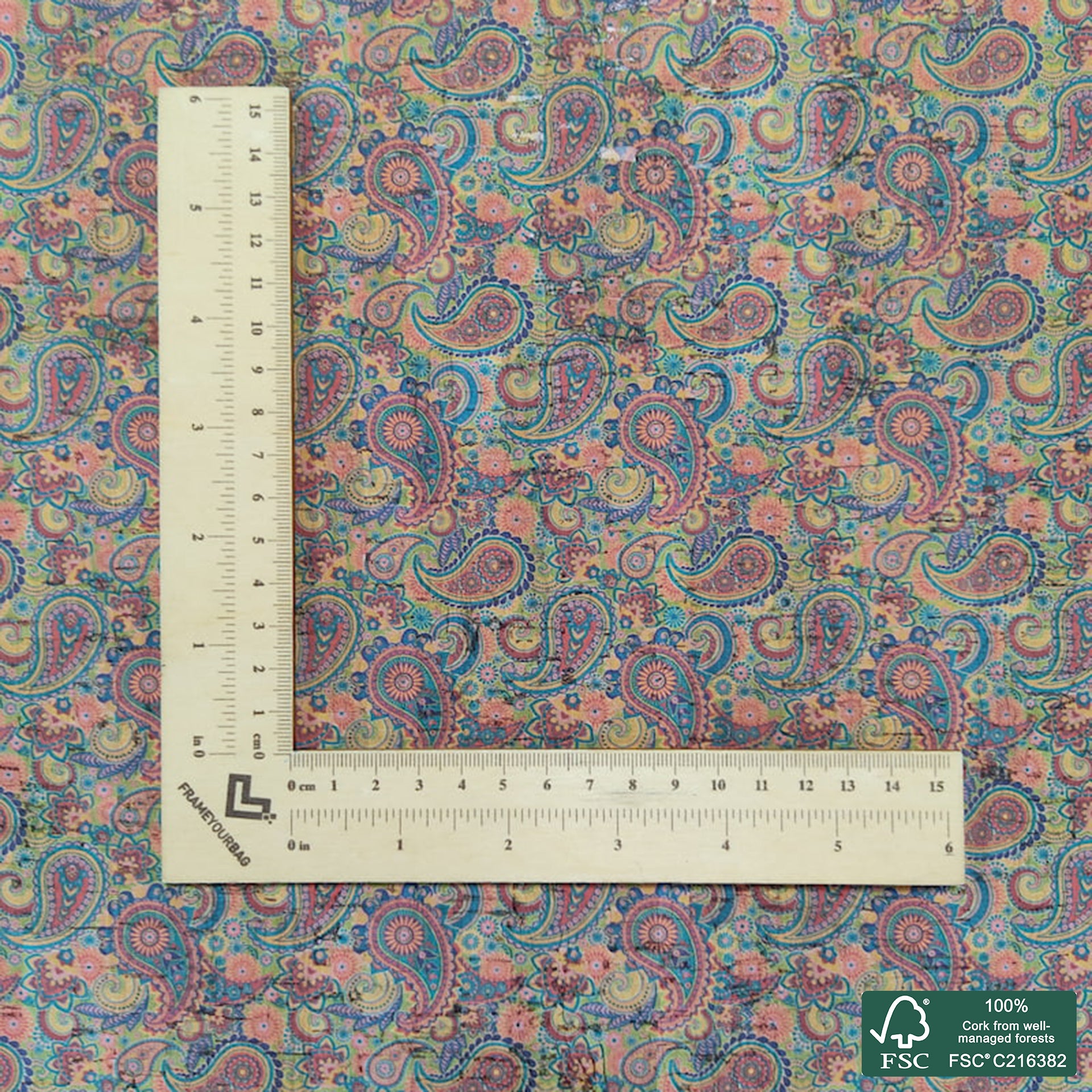 Paisley printed pattern on natural cork fabric (110)